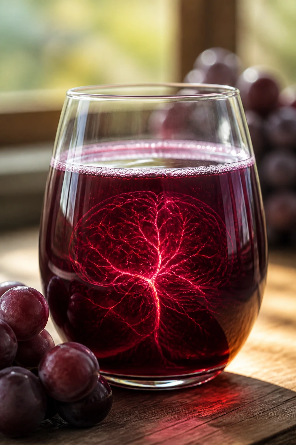 Close-up of red grape juice with neural-pattern light in the liquid.