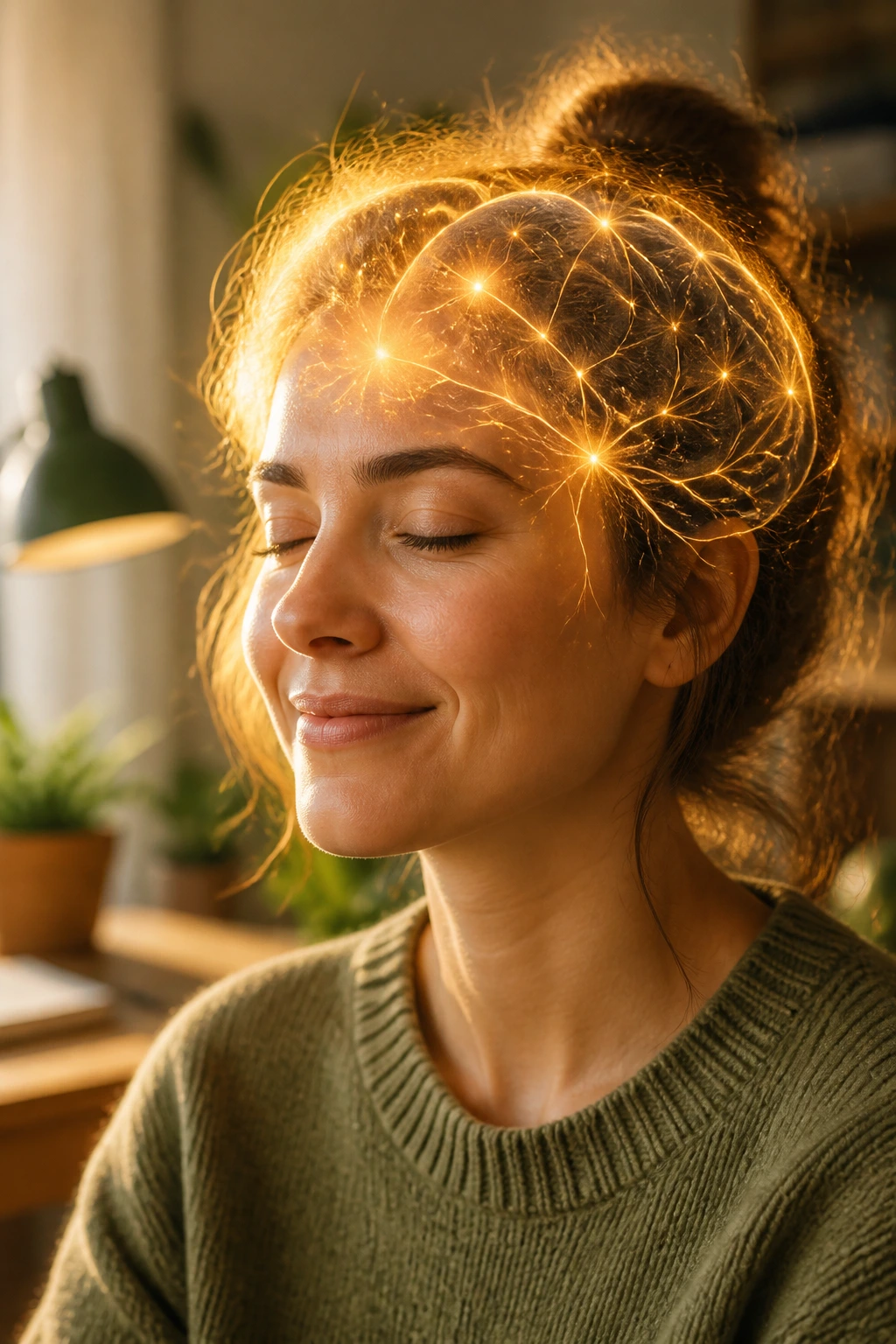 Close-up portrait of a person with a glow around the head suggesting brain activity