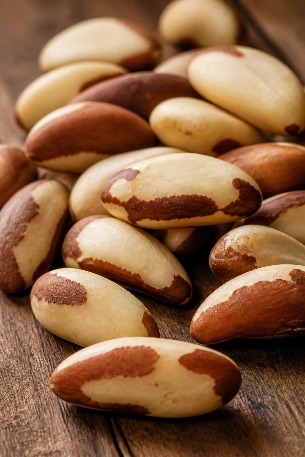 Close-up Brazil nuts showing size and texture on wood
