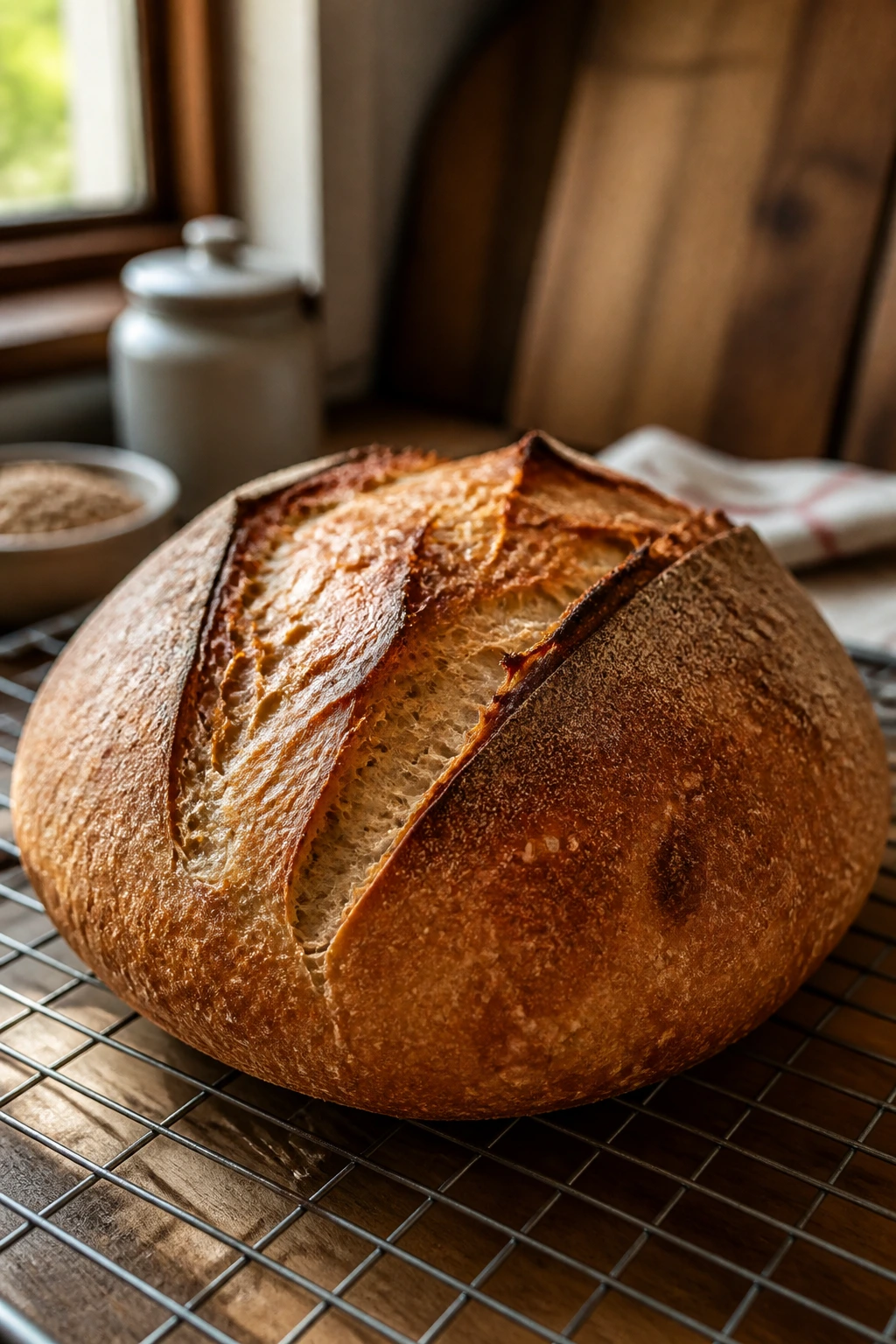 How To Make Bread From Wheat Berries (Complete Guide) 4 Crusty loaf cooling on a wire rack in a cozy kitchen