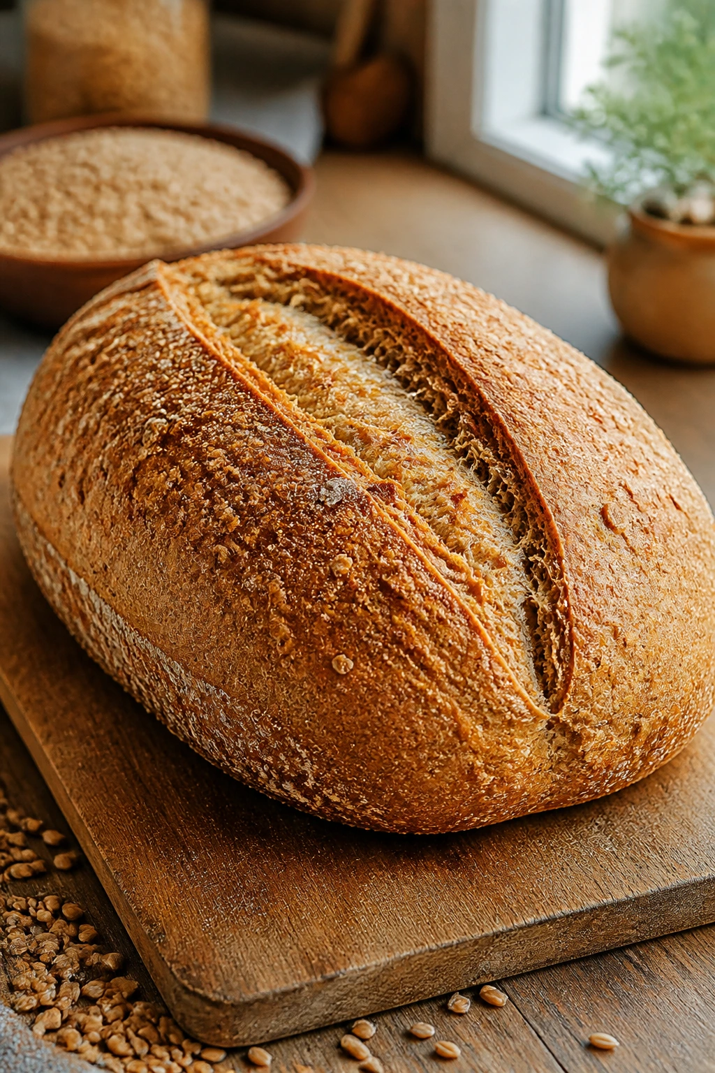 How To Make Bread From Wheat Berries (Complete Guide) 1 Close-up of a golden loaf baked from wheat berries on a wooden board in a cozy kitchen