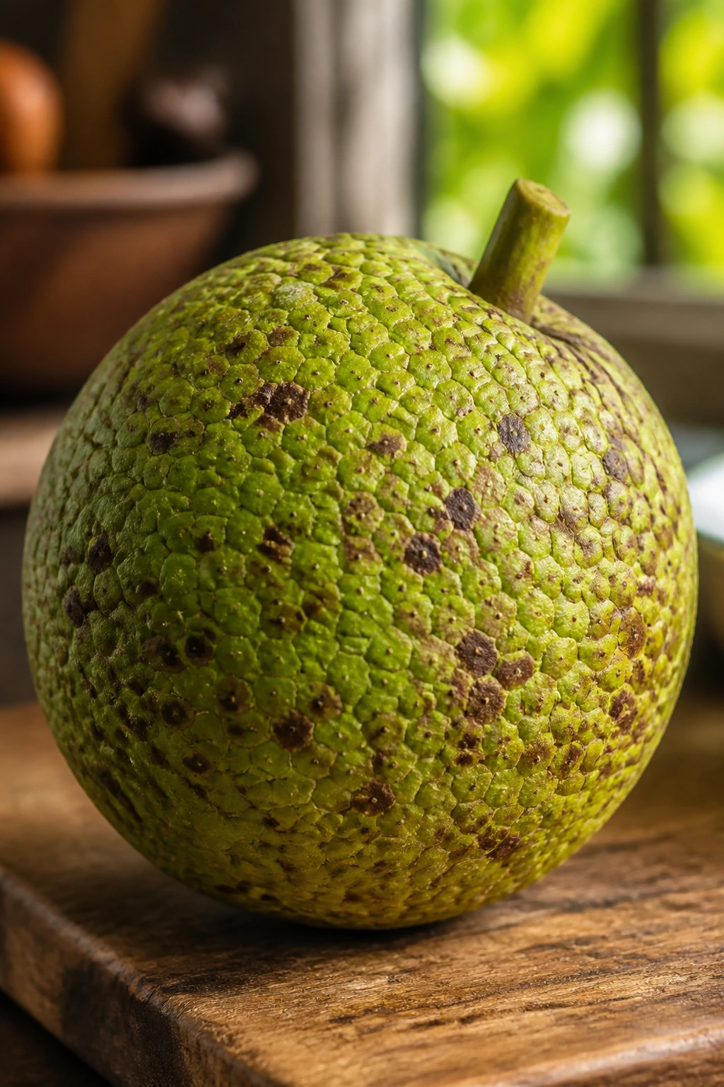 Breadfruit Vs Jackfruit: What's Really The Difference? 1 Close-up of rough green breadfruit on a wooden cutting board in a sunlit kitchen