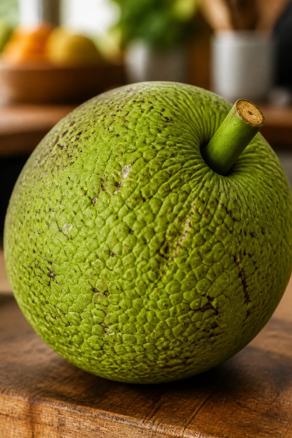 Breadfruit Vs Jackfruit: What's Really The Difference? 3 Breadfruit close-up highlighting rough green skin on wooden surface