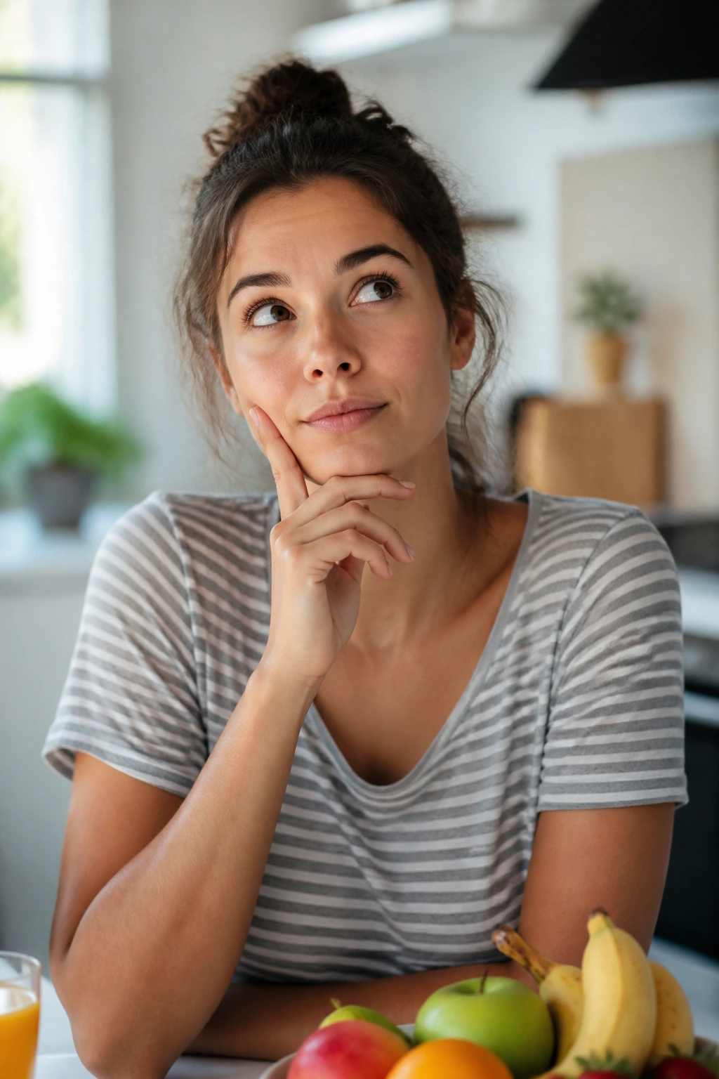 Fruit For Breakfast: Is It Good To Eat Fruit In The Morning? 8 Close-up portrait of a real person in a bright kitchen, thoughtful expression suggesting questions about breakfast fruit