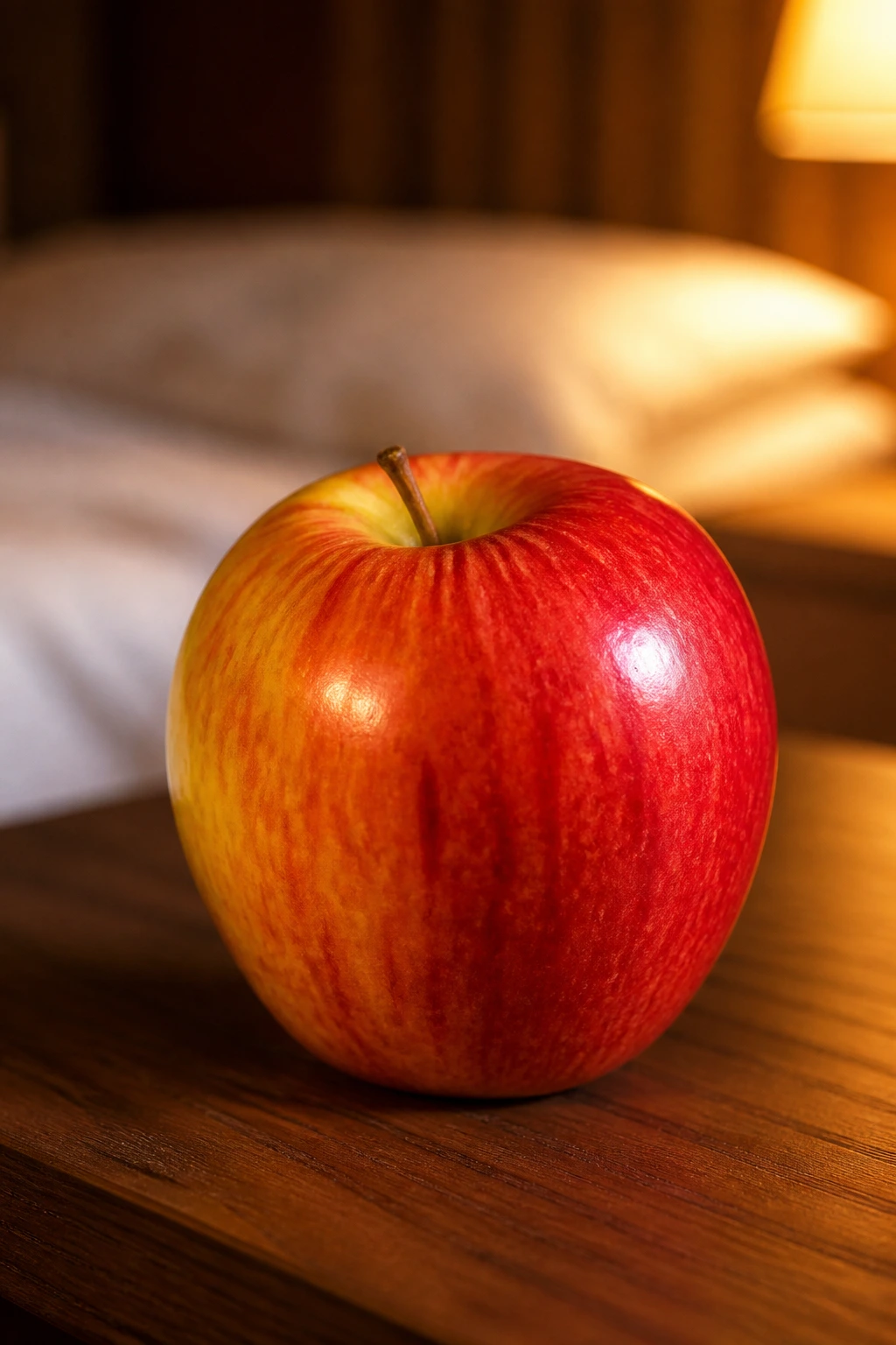 Close-up of an apple on a bedside table with warm light, implying fresh breath