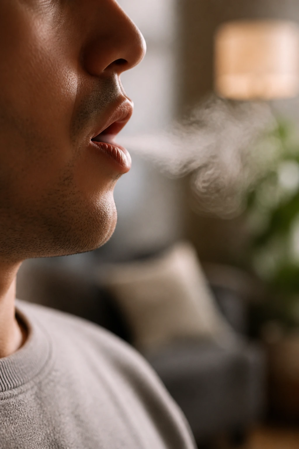 Close-up of a real person's mouth exhaling visible breath in a cozy home setting