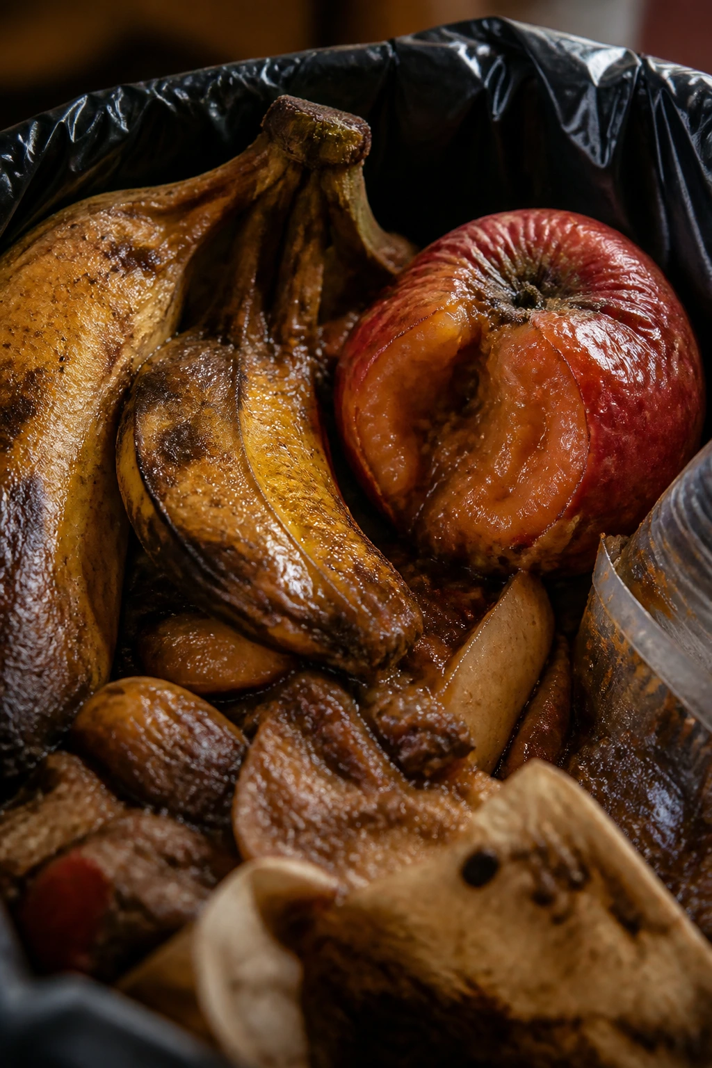 Difference Between Fruit Flies And Gnats: 7 Key Differences 11 Close-up of damp rotting fruit in a kitchen trash area illustrating breeding environments.