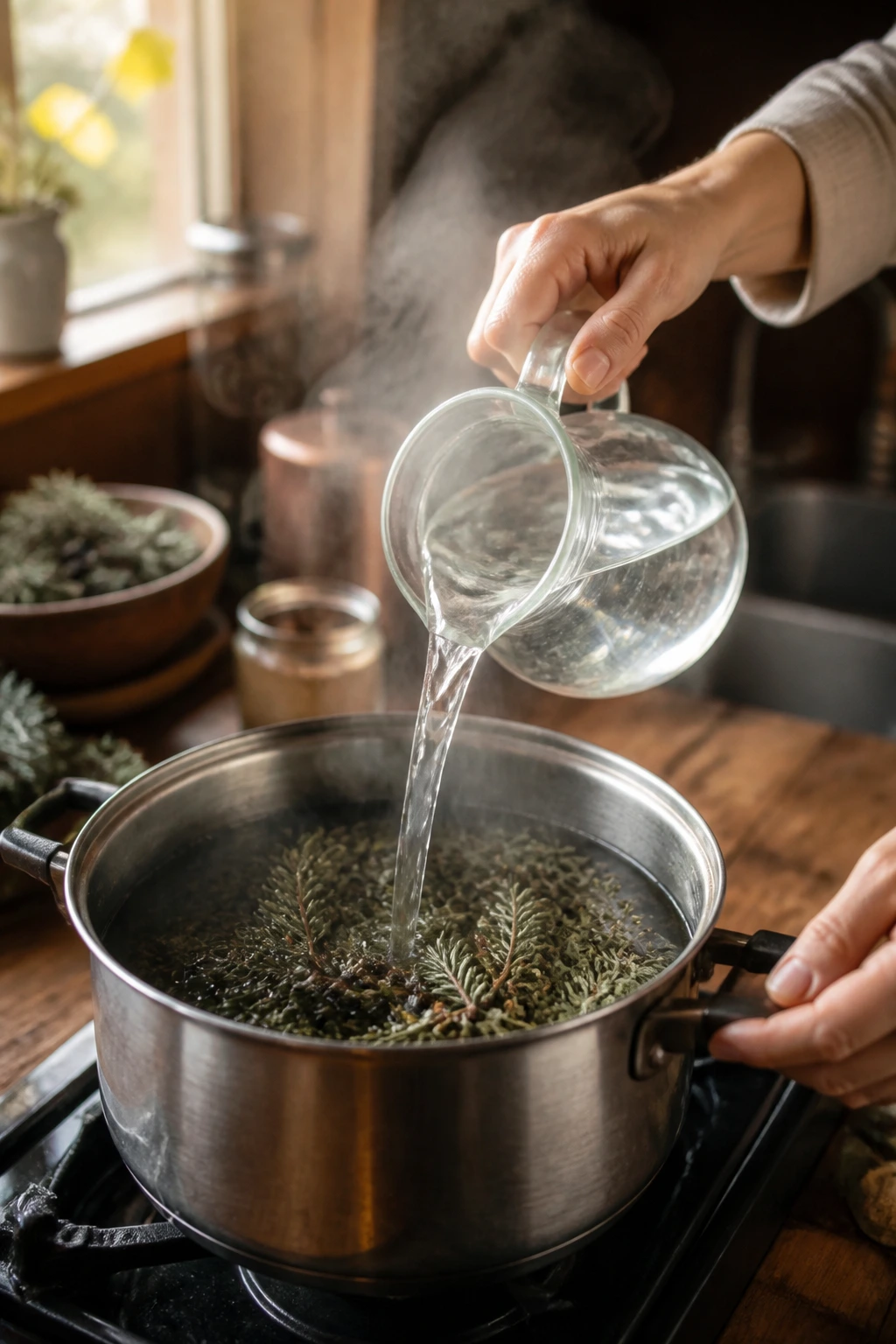 10 Health Benefits Of Drinking Cedar Tea And How To Make It 2 Close-up of hands pouring hot water to brew cedar tea
