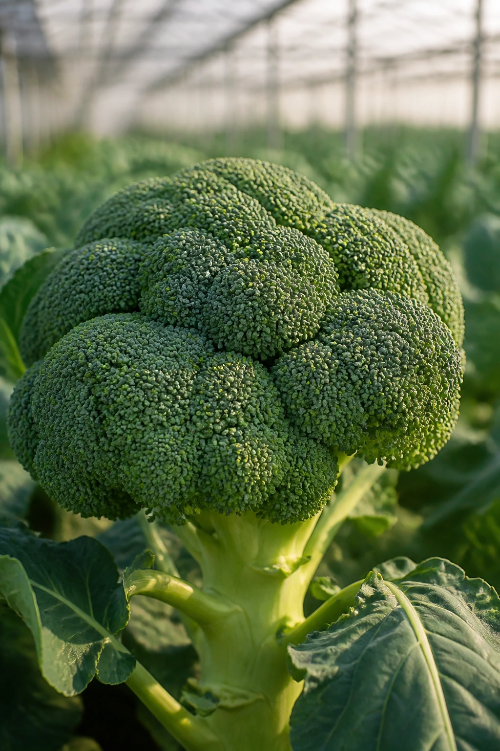 Is Broccoli Genetically Modified? No, And Here's Why 1 Close-up of a broccoli crown in a sunlit greenhouse with blurred rows in the background.