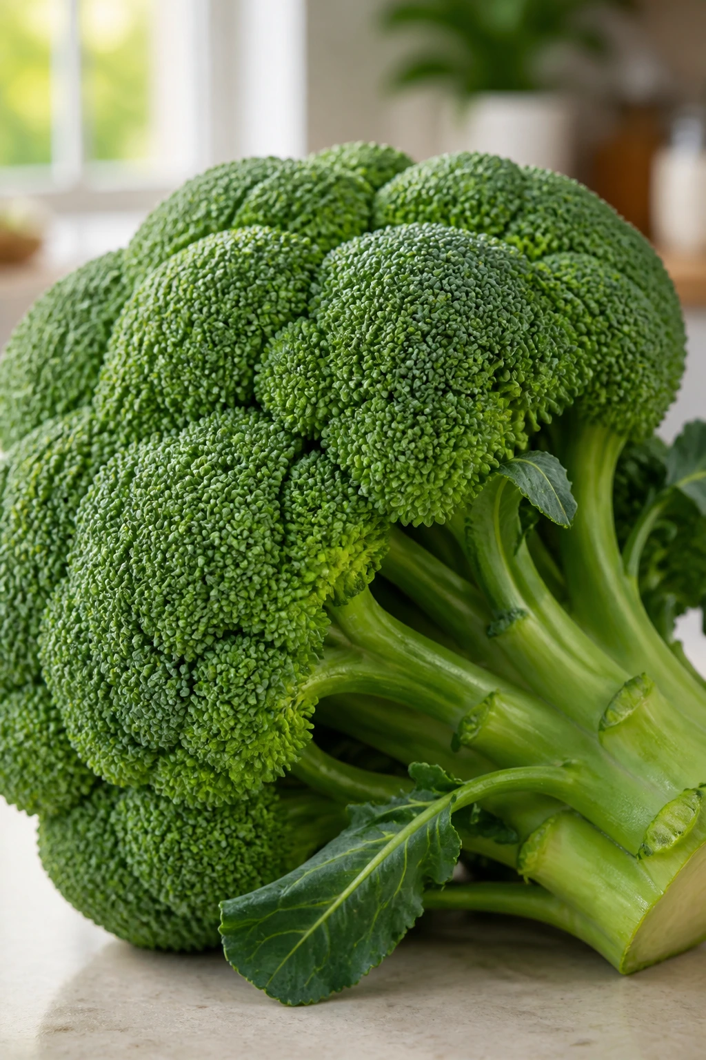 Is Broccoli Genetically Modified? No, And Here's Why 2 Broccoli head filling frame on a neutral surface with soft kitchen background.