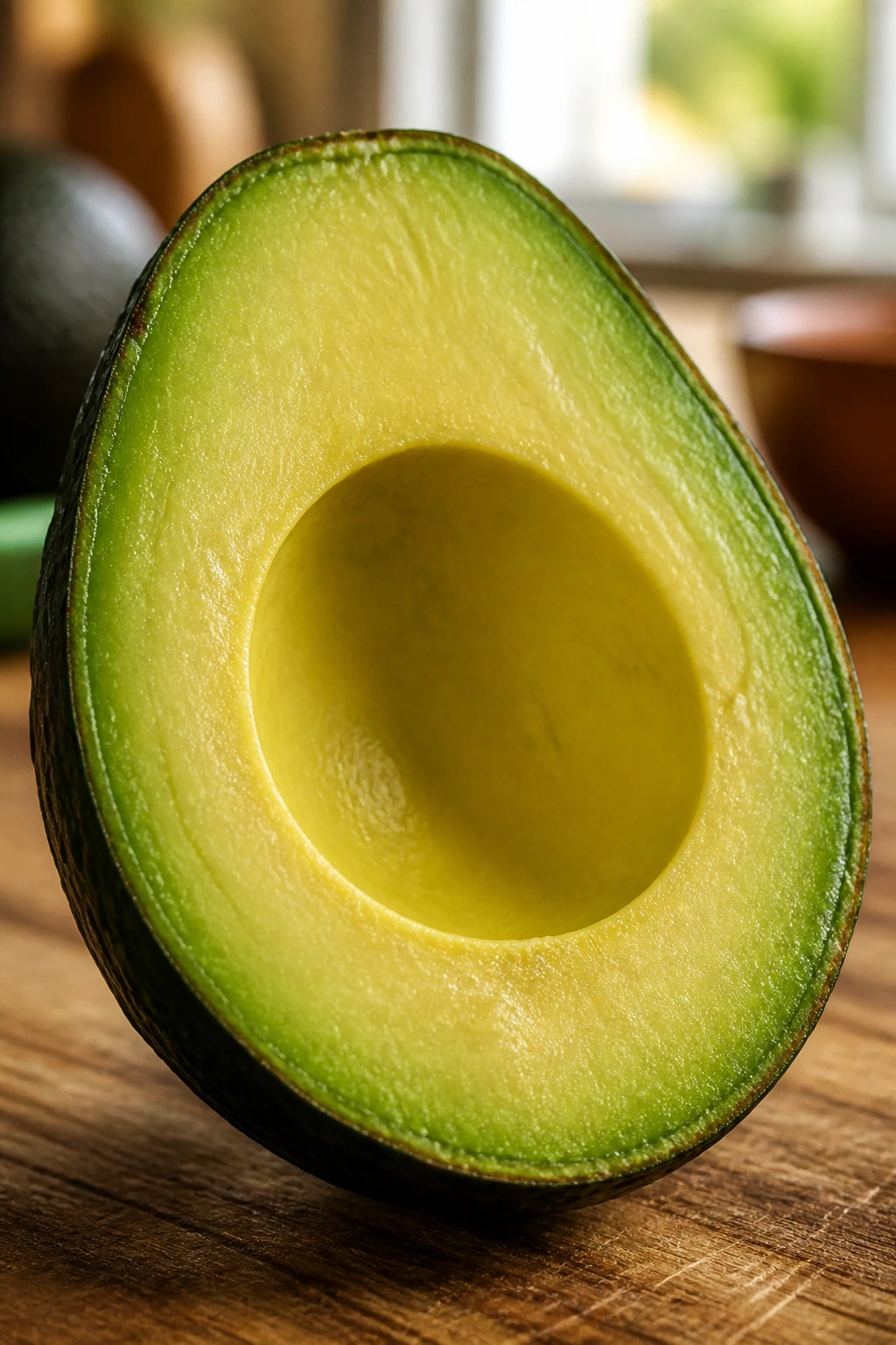 Close-up of a ripe Brogden avocado half with vibrant green flesh on a wooden cutting board.