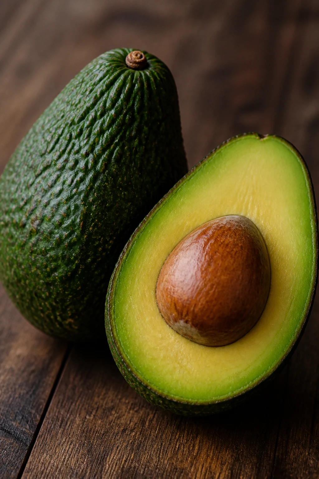 Close-up of two Brogden avocados, whole and halved, on a dark wooden surface with soft light.