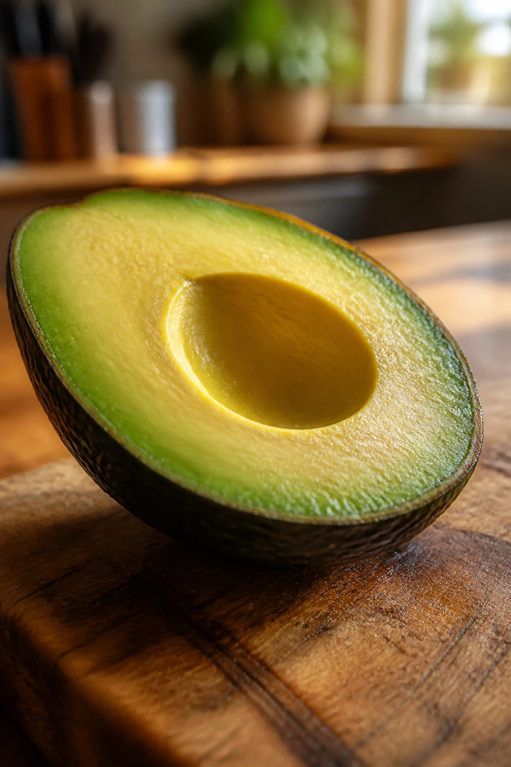 Close-up of halved Brogden Avocado showing creamy flesh on a wooden cutting board