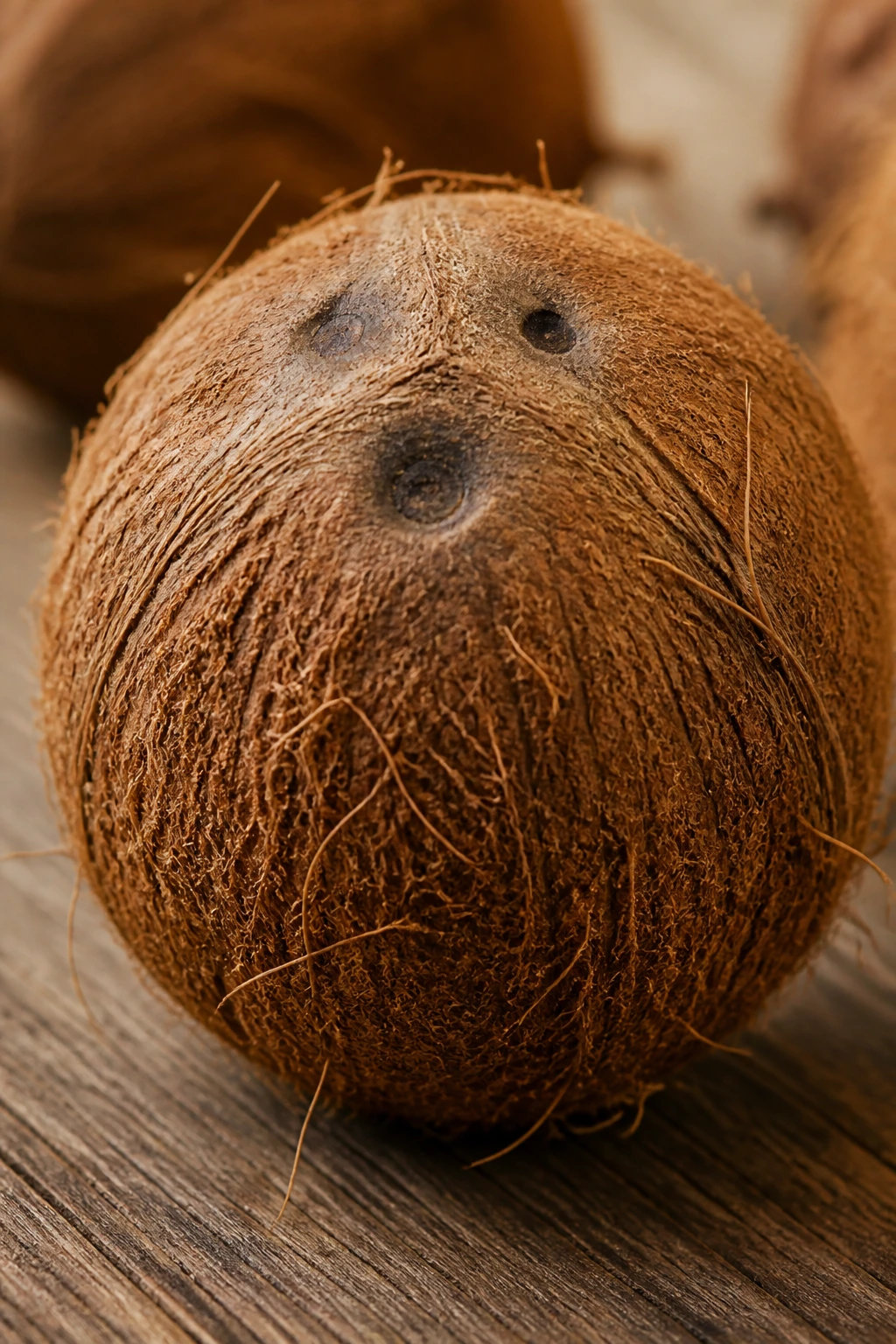 Close-up of a brown coconut with textured husk on wooden countertop
