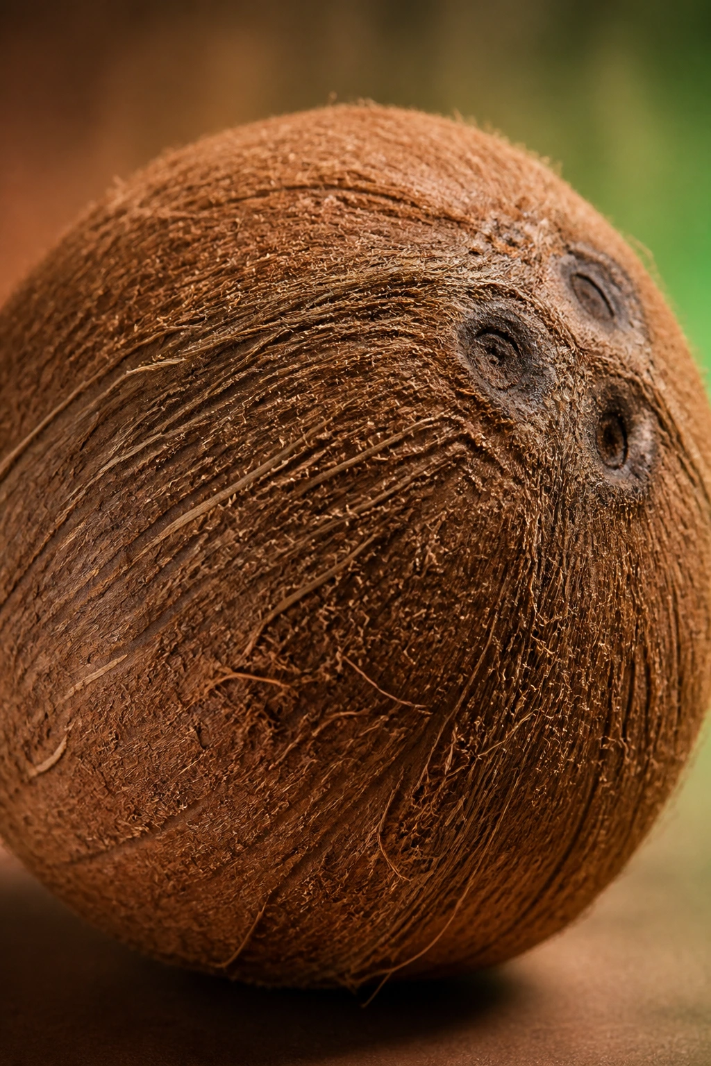 Close-up of brown coconut with textured husk against gradient background