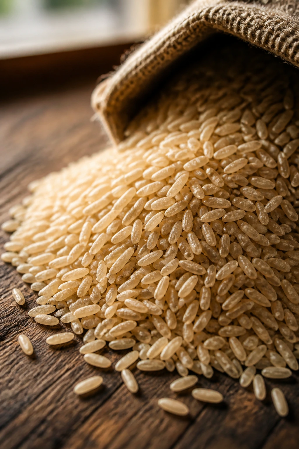 Close-up of brown rice grains on a rustic wood surface in a warm kitchen