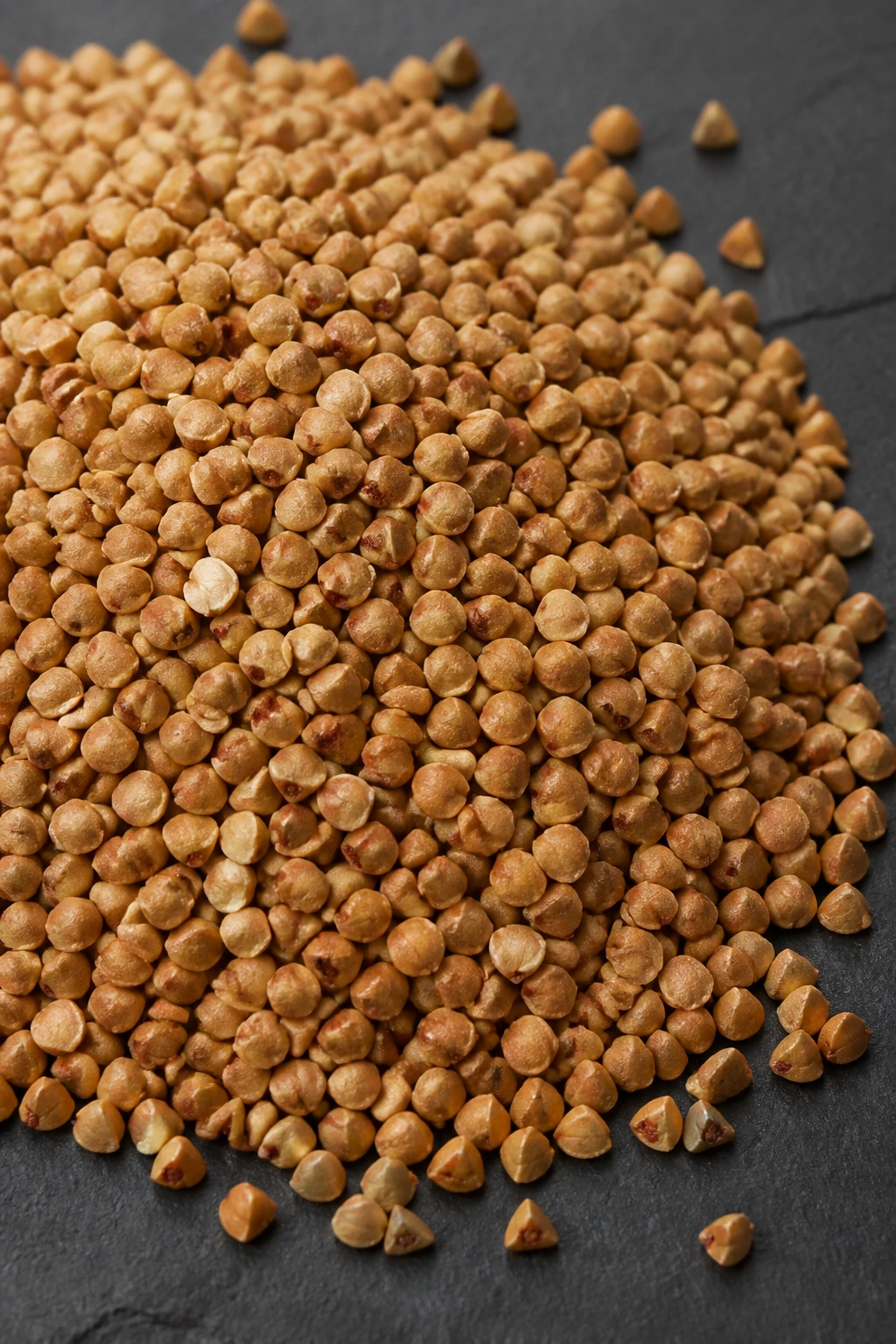 Macro shot of raw buckwheat groats on slate