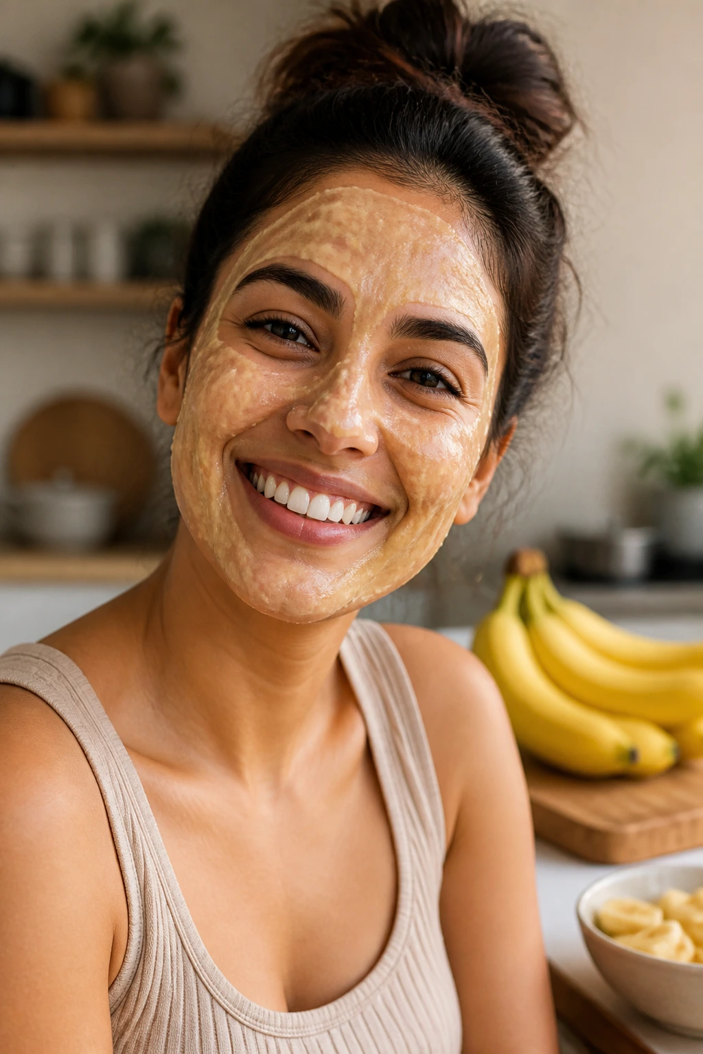 The 12 Incredible Benefits of Using Banana Face Masks 12 Close-up of a smiling person in a kitchen showing affordable skincare vibe