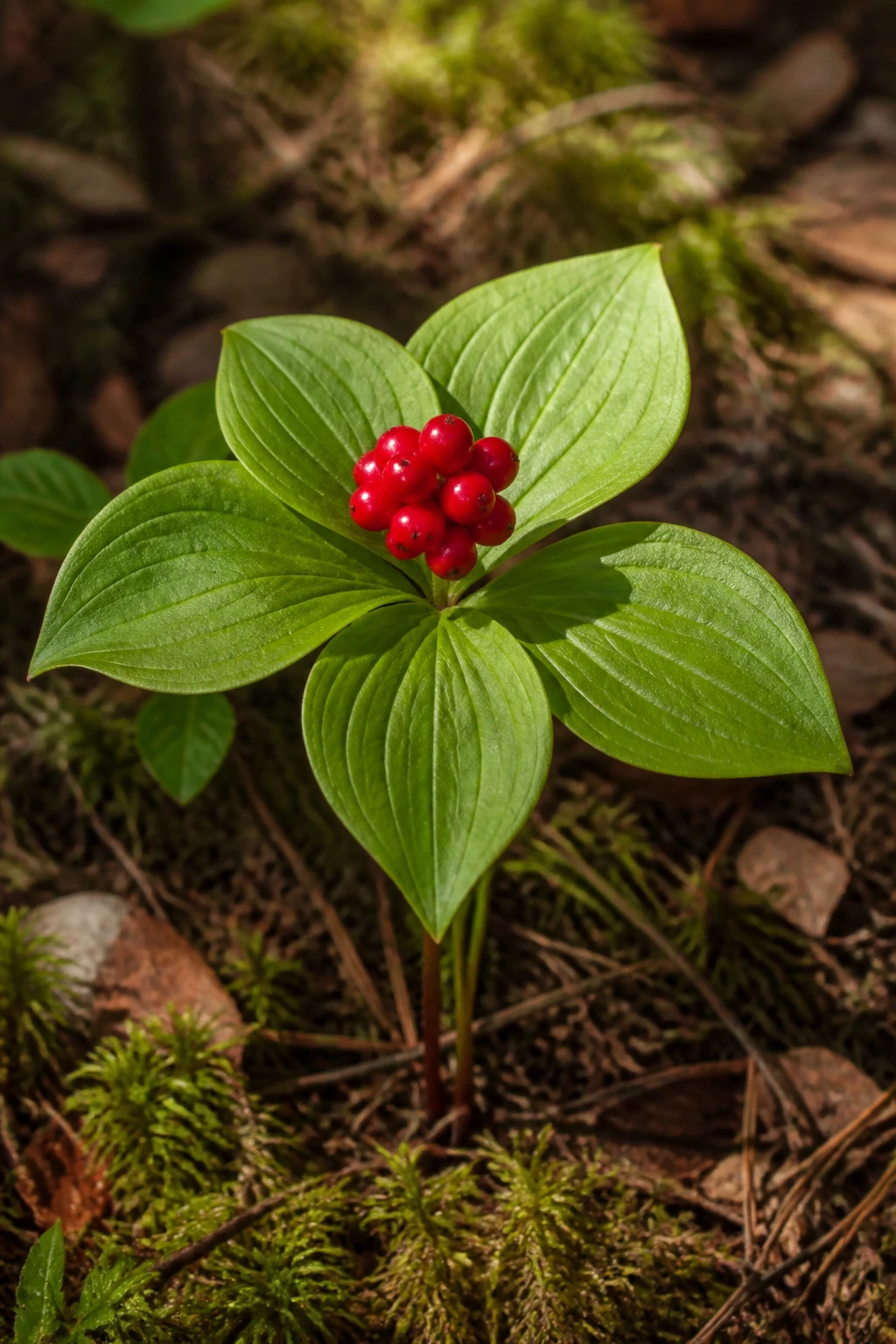 Are Bunchberries Edible? Are They Safe To Eat? 1 Close-up of a bunchberries plant with broad leaves and red berries in a forest setting