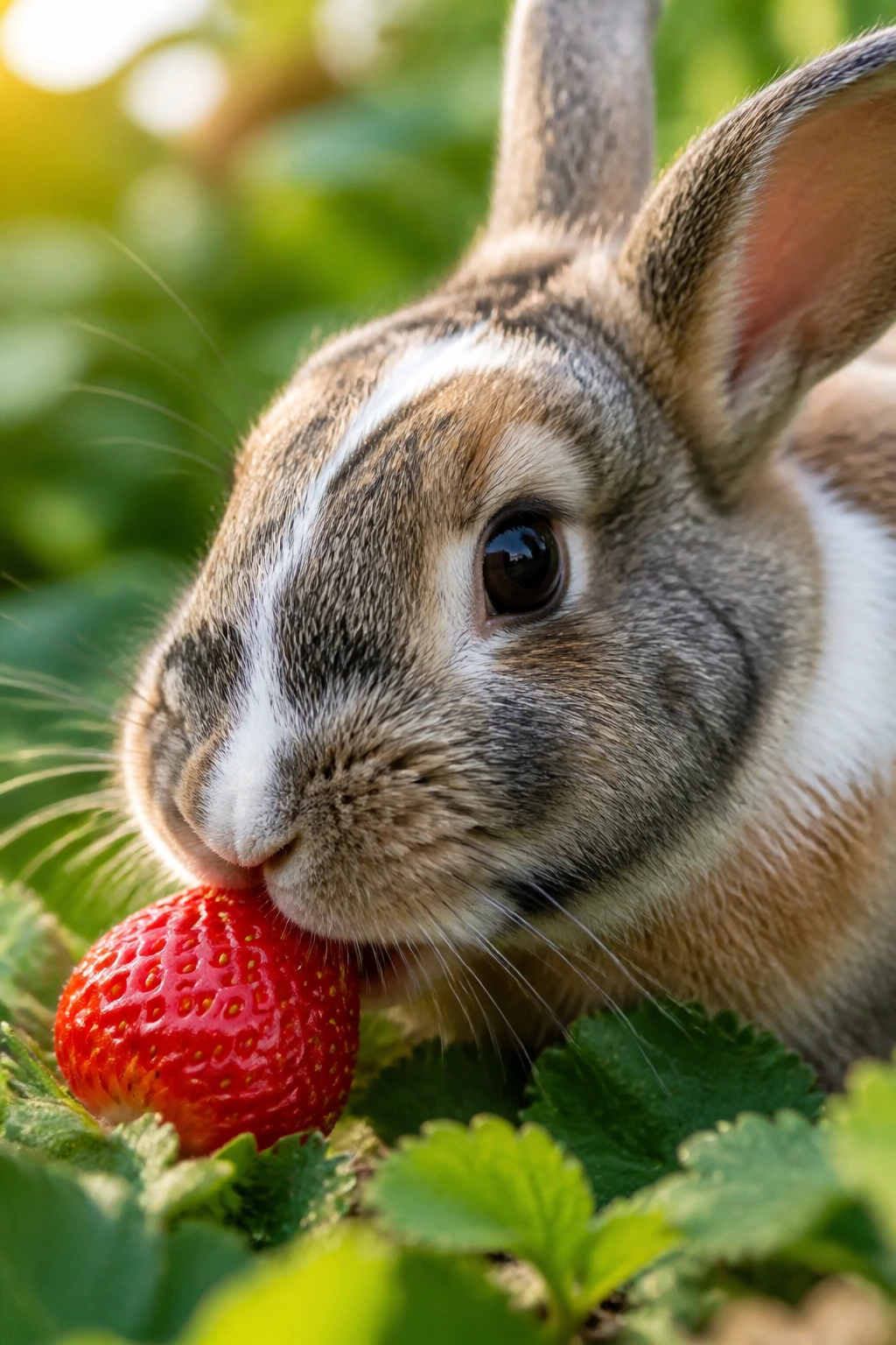 Close-up of a bunny with a strawberry near its mouth in a sunlit garden