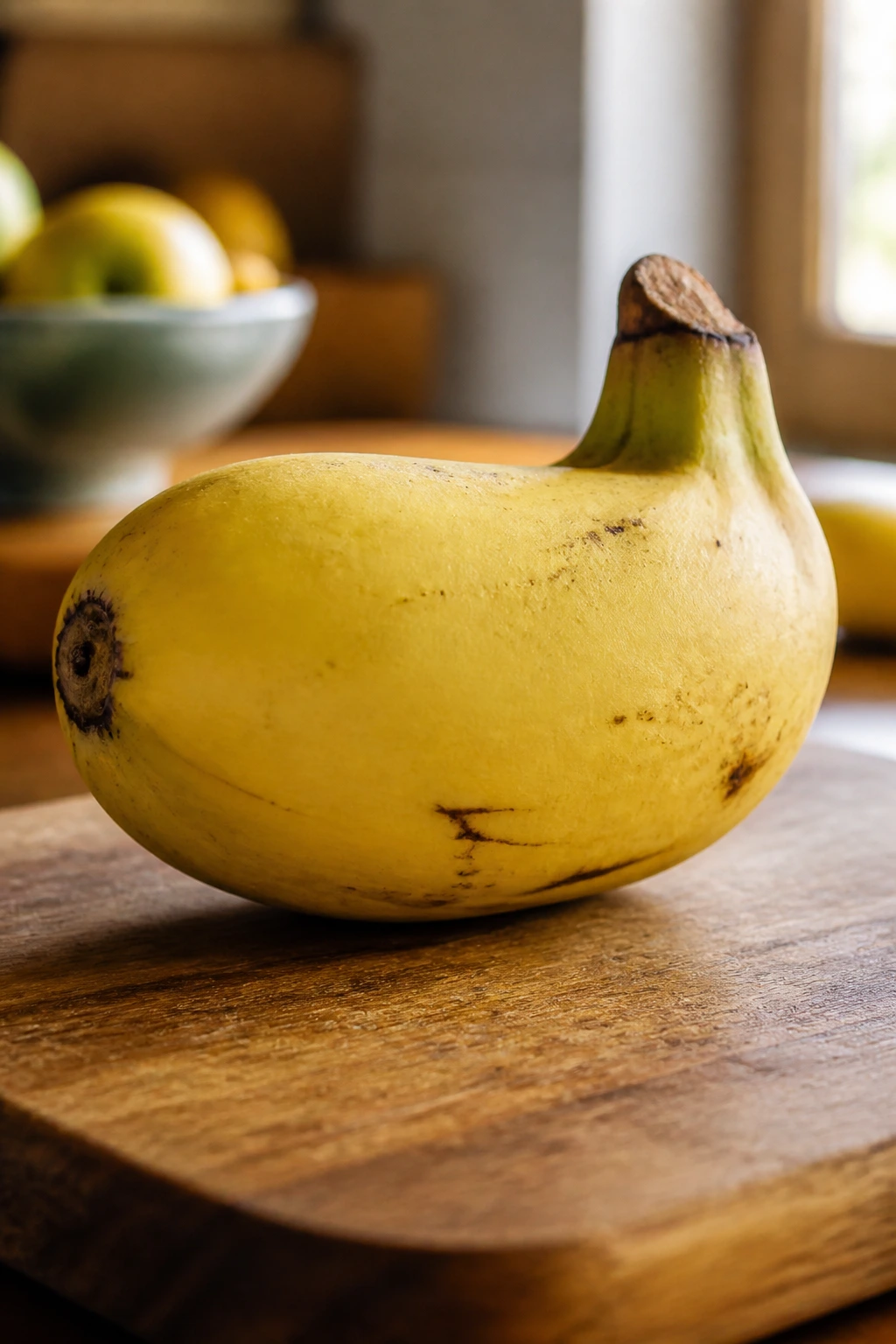 Close-up of a Burro banana showing its short, chunky shape and thick skin on a kitchen counter