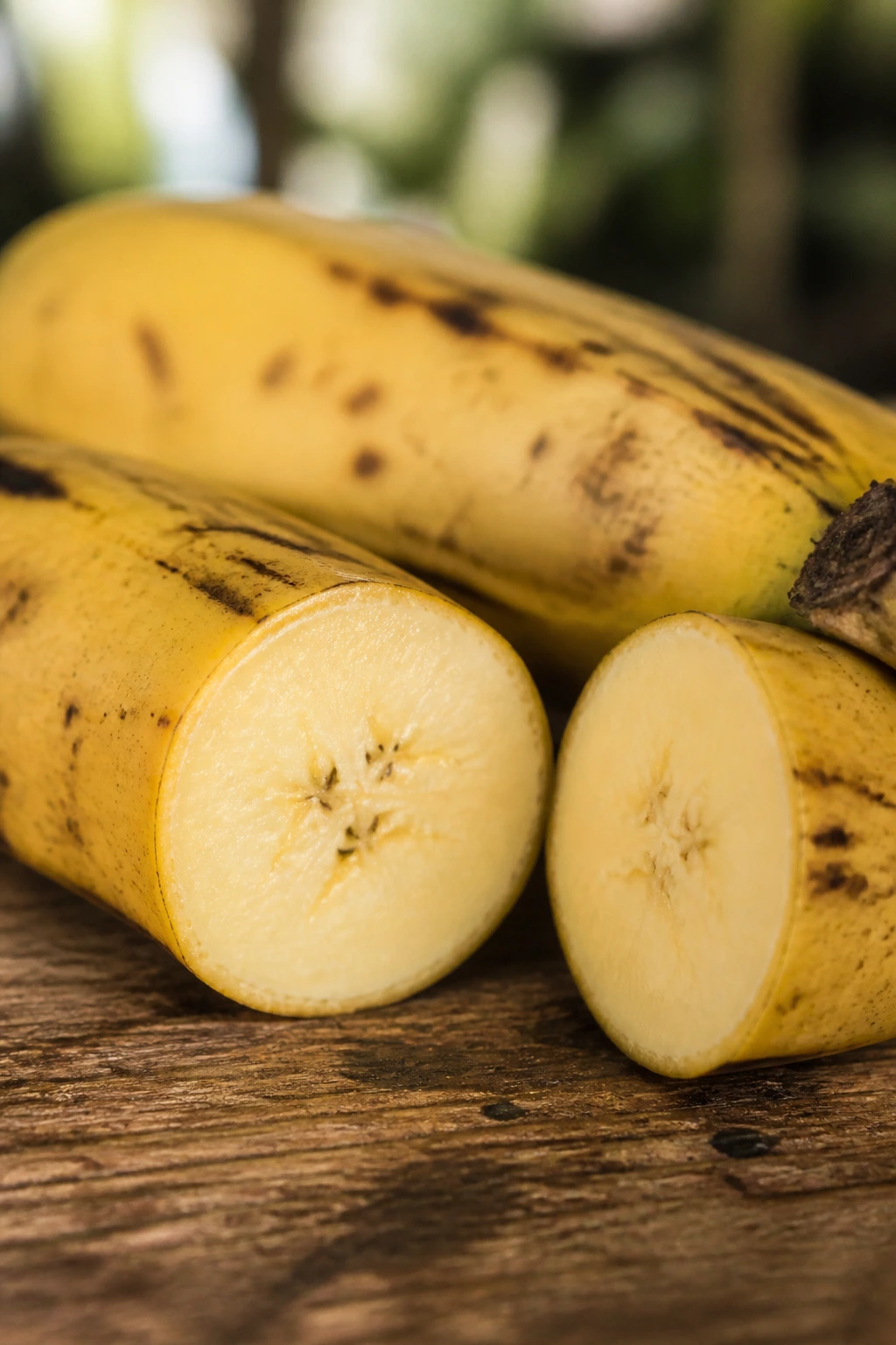 Cross-section of a Burro banana showing firm yellow flesh