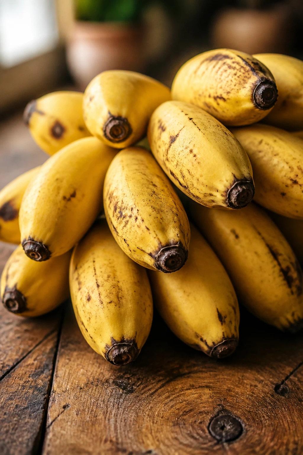 Close-up of burro bananas filling the frame on a wooden kitchen counter