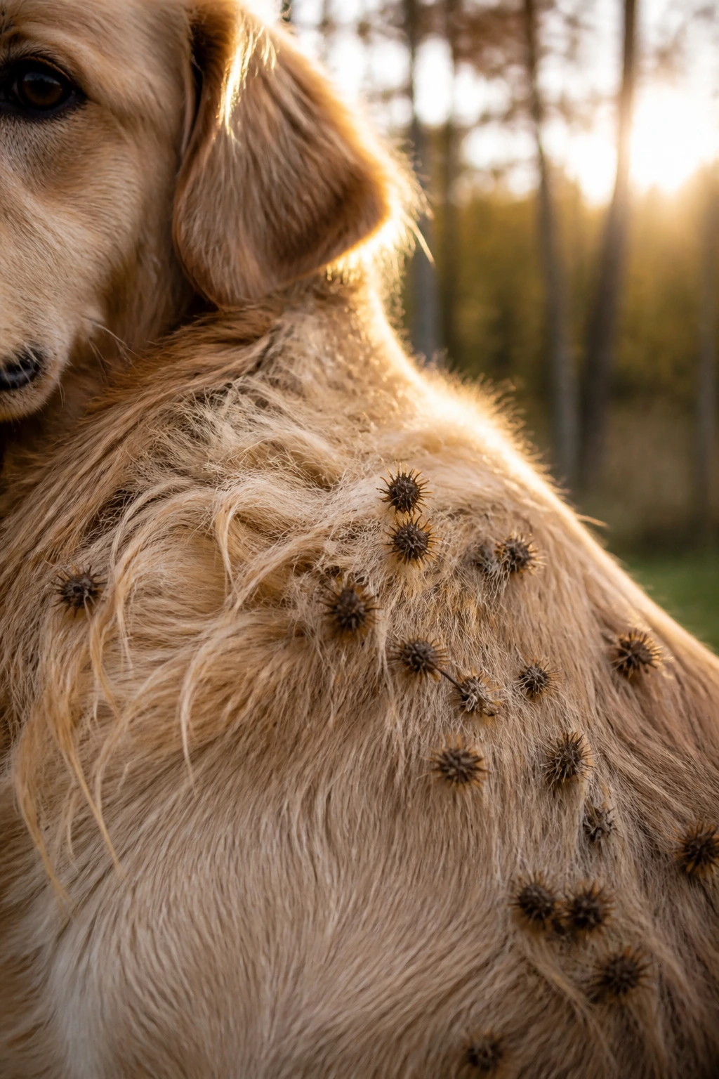 The Dispersal Of Fruits Seeds EXPLAINED! 6 Burs tangled in a dog's fur on a forest edge.