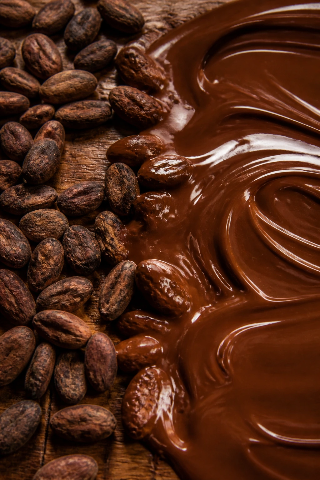 Macro view of cacao beans transitioning into melted chocolate on a wooden surface