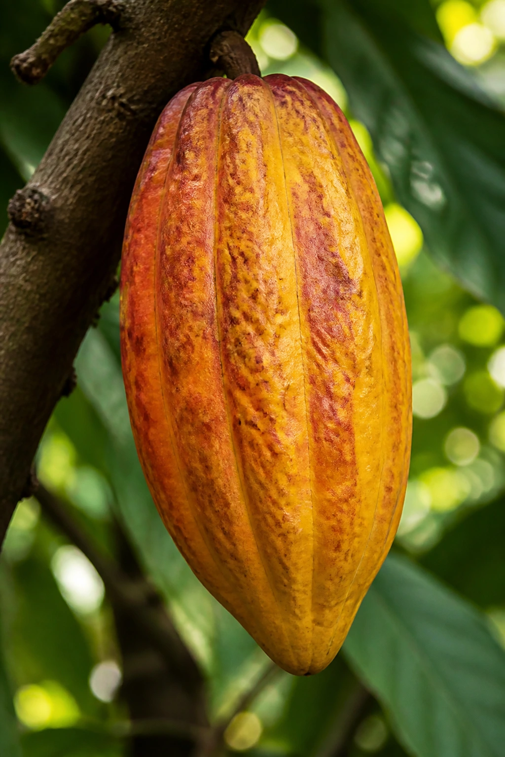 Can You Eat Raw Cacao Fruit? Is It Safe To Eat? 1 Close-up of a ripe cacao fruit hanging on a cacao tree branch in a tropical setting