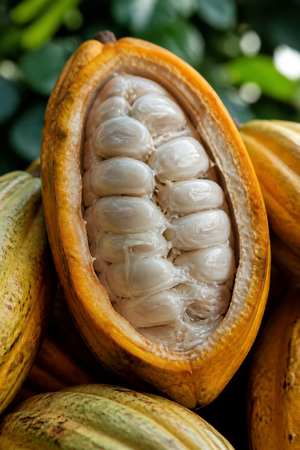 Can You Eat Raw Cacao Fruit? Is It Safe To Eat? 2 Cross-section of cacao fruit showing white pulp and beans inside