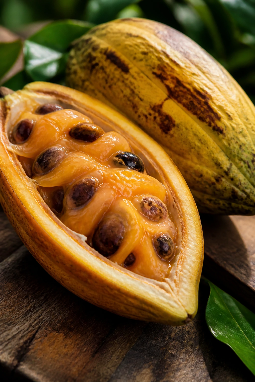 What Does Cacao Fruit Taste Like? 3 Cacao fruit cut open showing orange pulp and seeds on wood