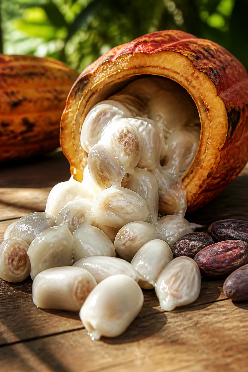 What Does Cacao Fruit Taste Like? 4 Cacao pulp and seeds in bright sunlight on wood