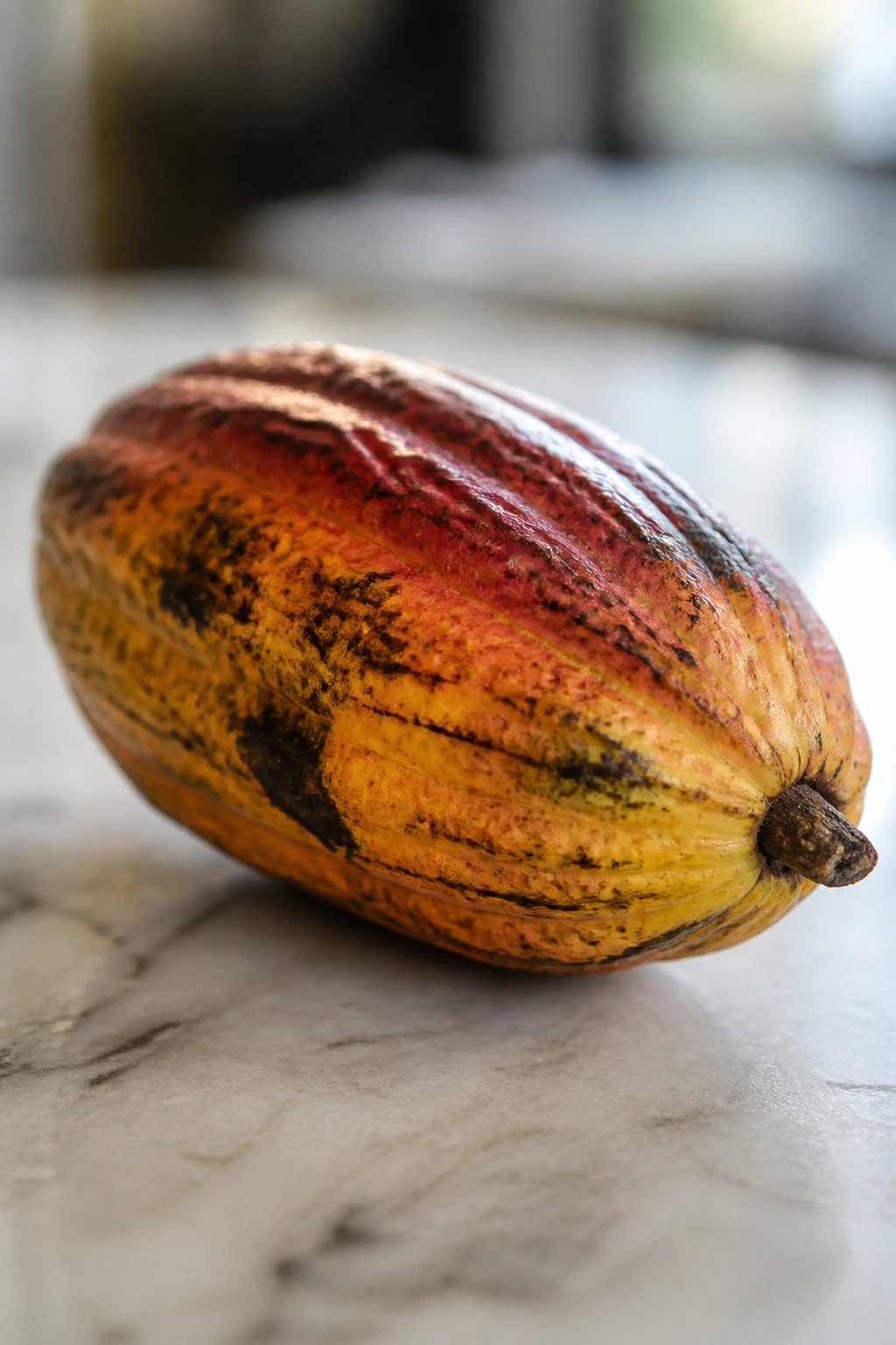 Can You Eat Raw Cacao Fruit? Is It Safe To Eat? 5 Cacao fruit with minor blemishes on a kitchen countertop