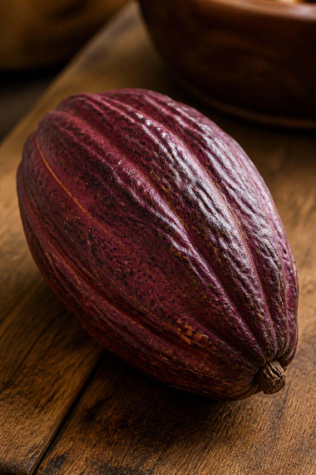 Close-up of a single cacao fruit on a rustic wooden surface in warm kitchen light