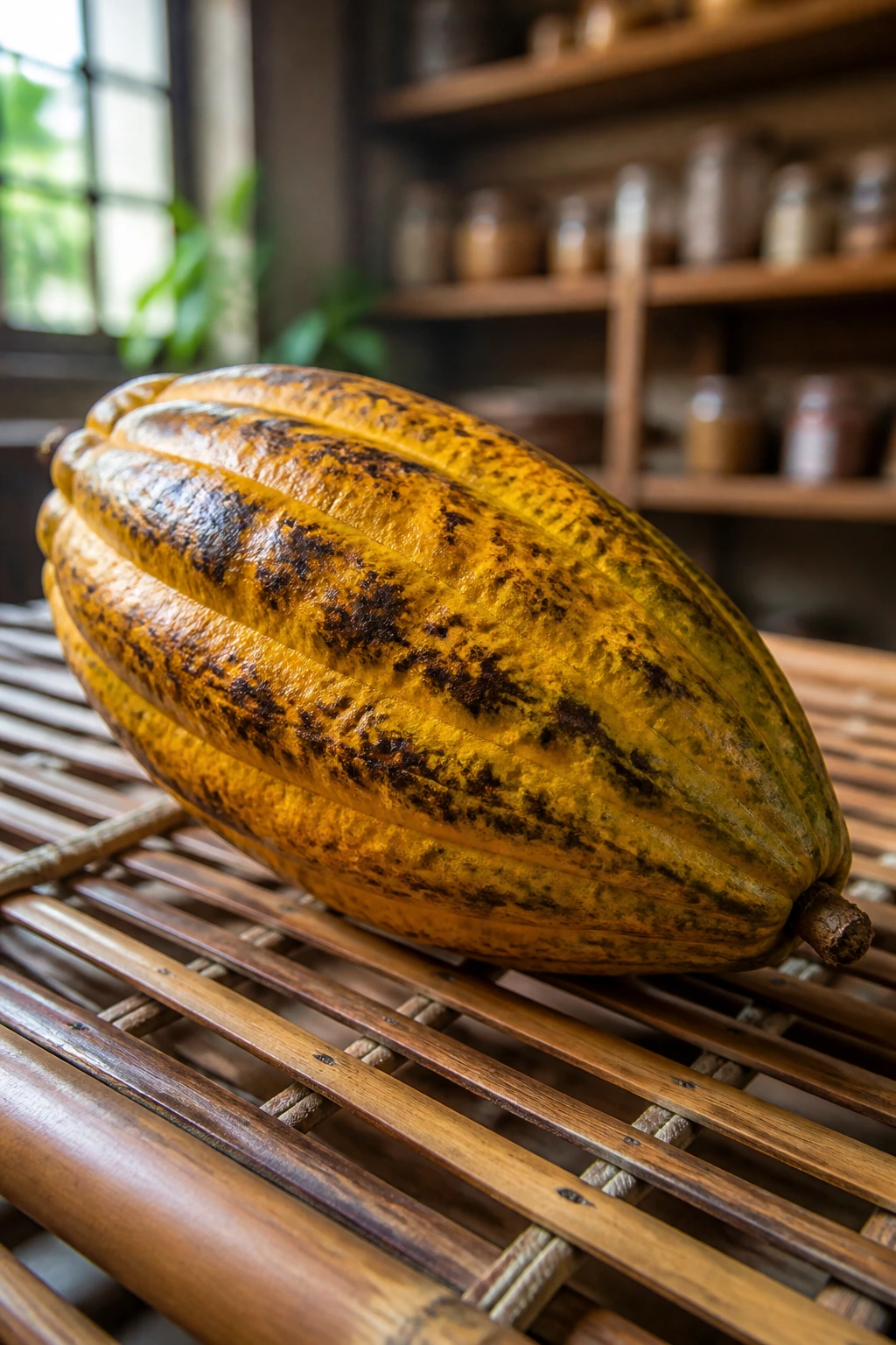 Cacao fruit on a drying rack in a pantry showing storage context
