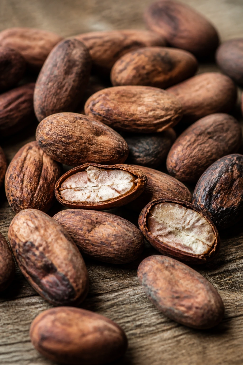 What Does Cacao Fruit Taste Like? 1 Close-up of cacao seeds on a wooden table, showing textured shells