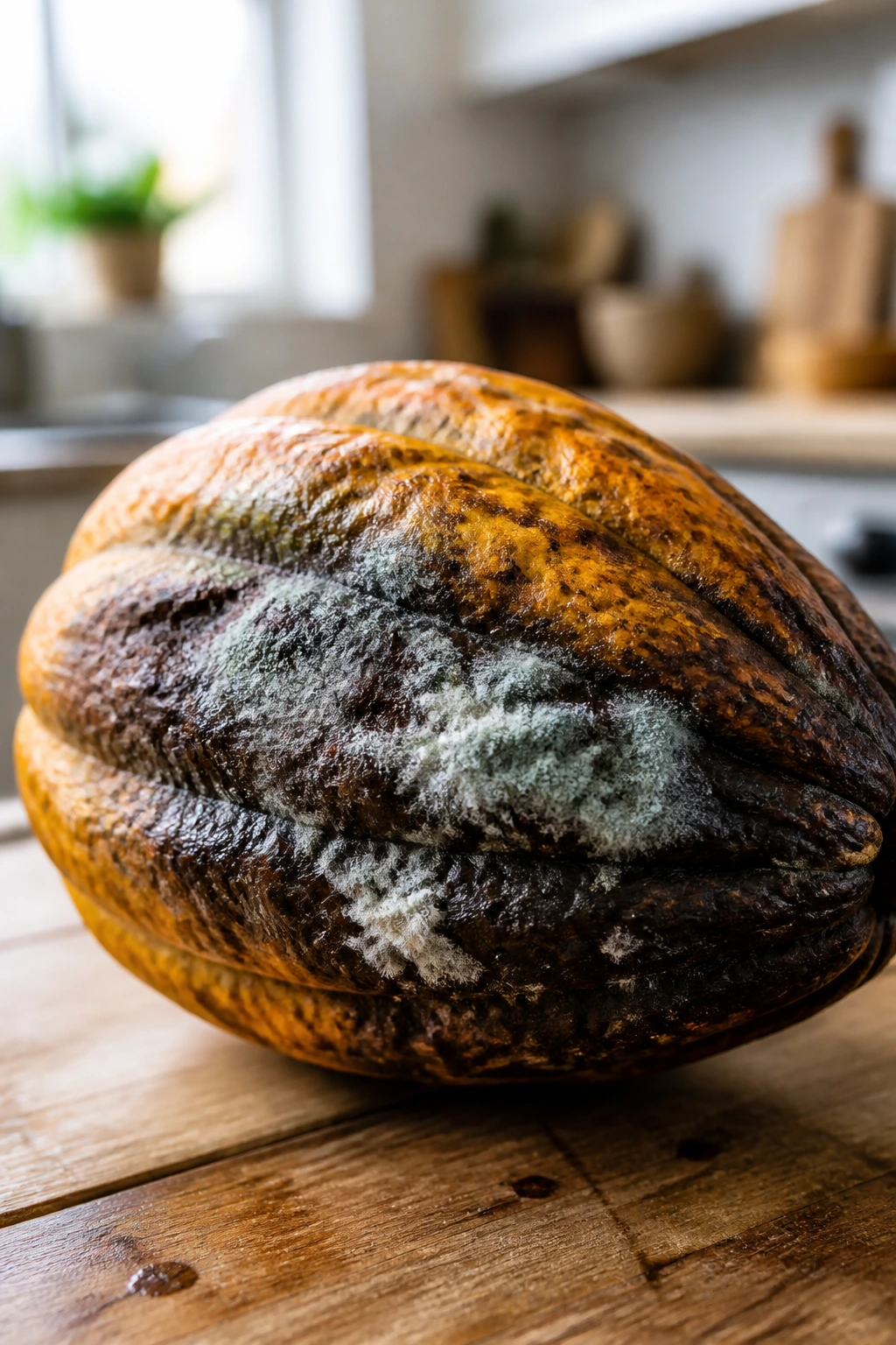 Cacao fruit with mold on rind in bright kitchen