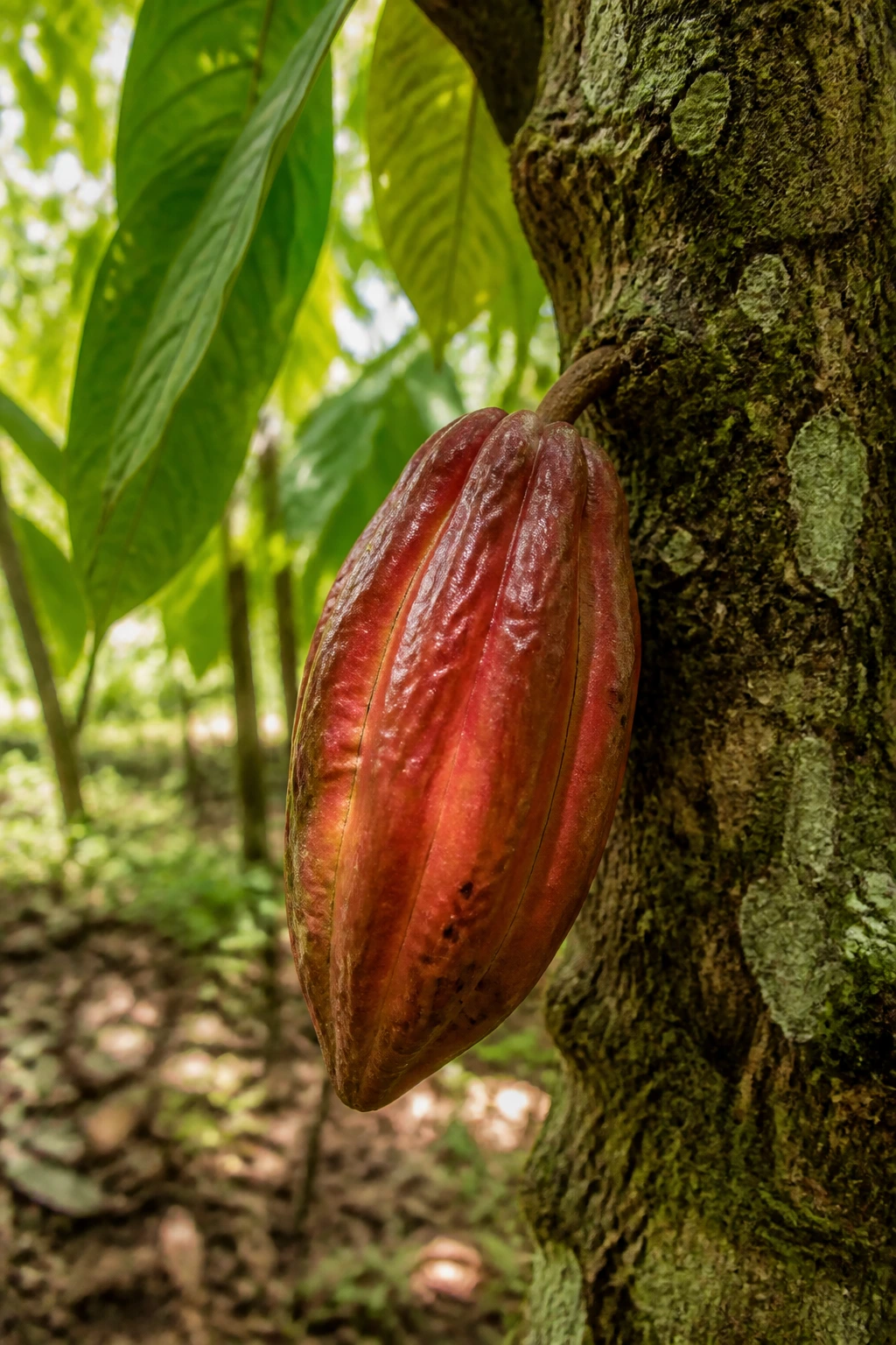 Close-up of a cacao pod on a cacao tree with leaves in a tropical setting