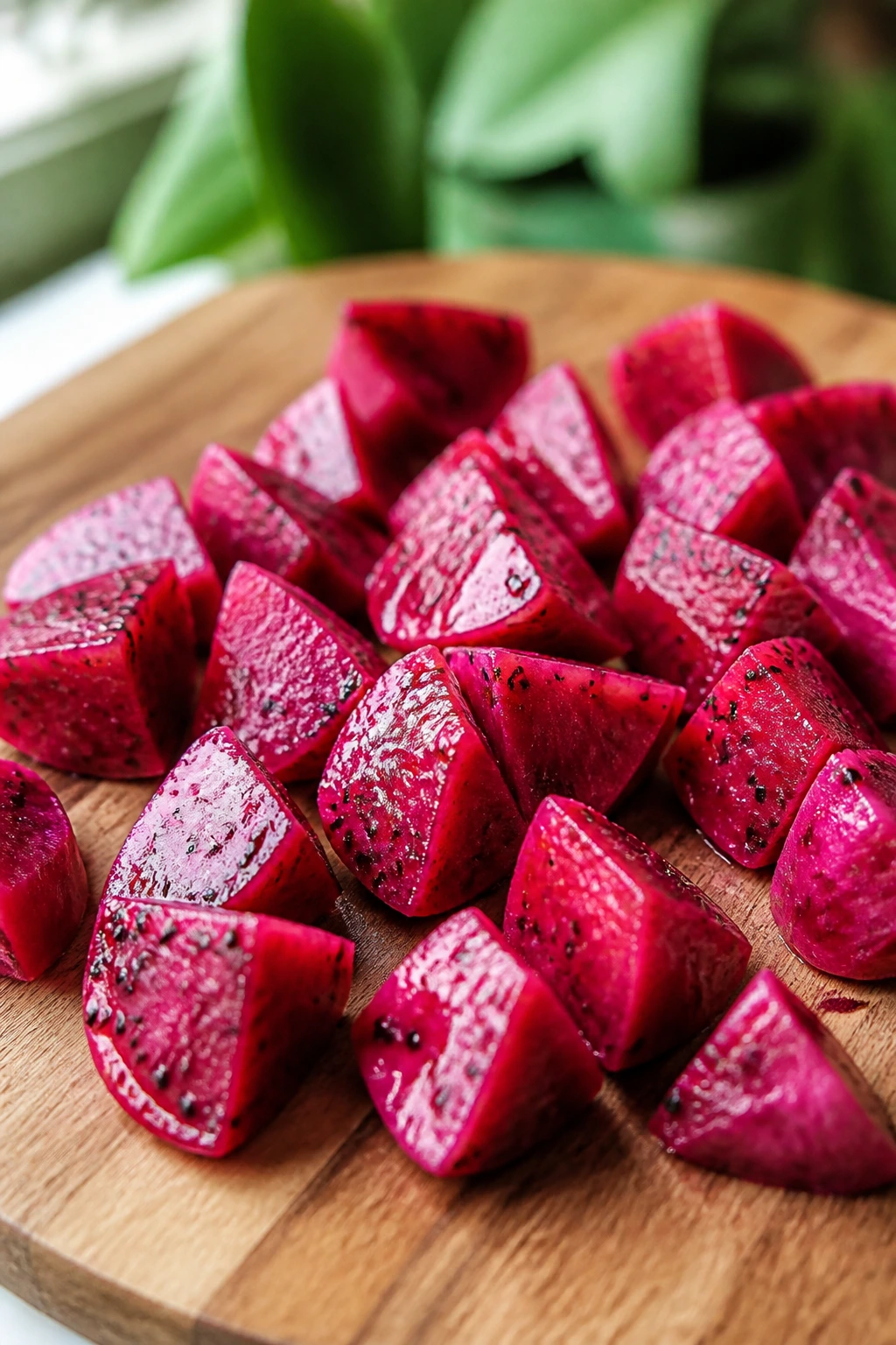 Bite-sized prickly pear pieces on cutting board