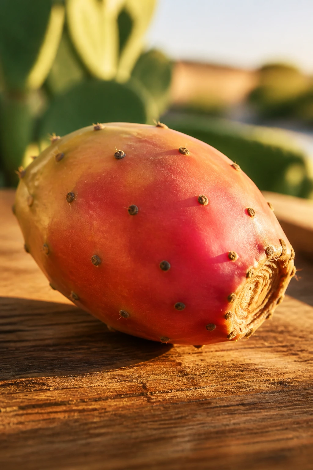 Single cactus fruit on sunlit wooden counter