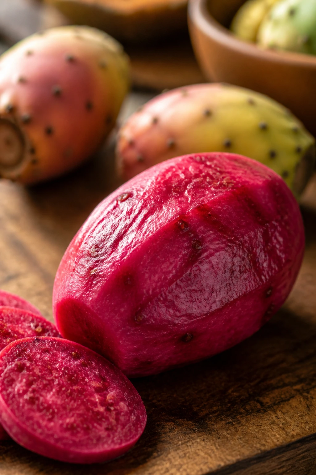 Close-up peeled prickly pear cactus fruit with pink flesh on a wooden cutting board
