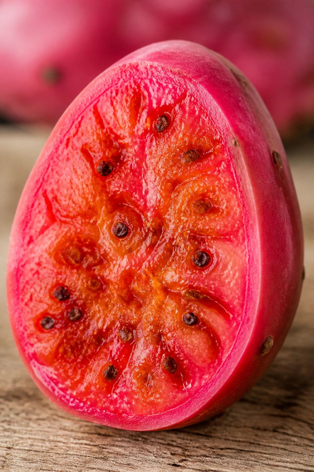 Cross-section of prickly pear cactus fruit with bright interior