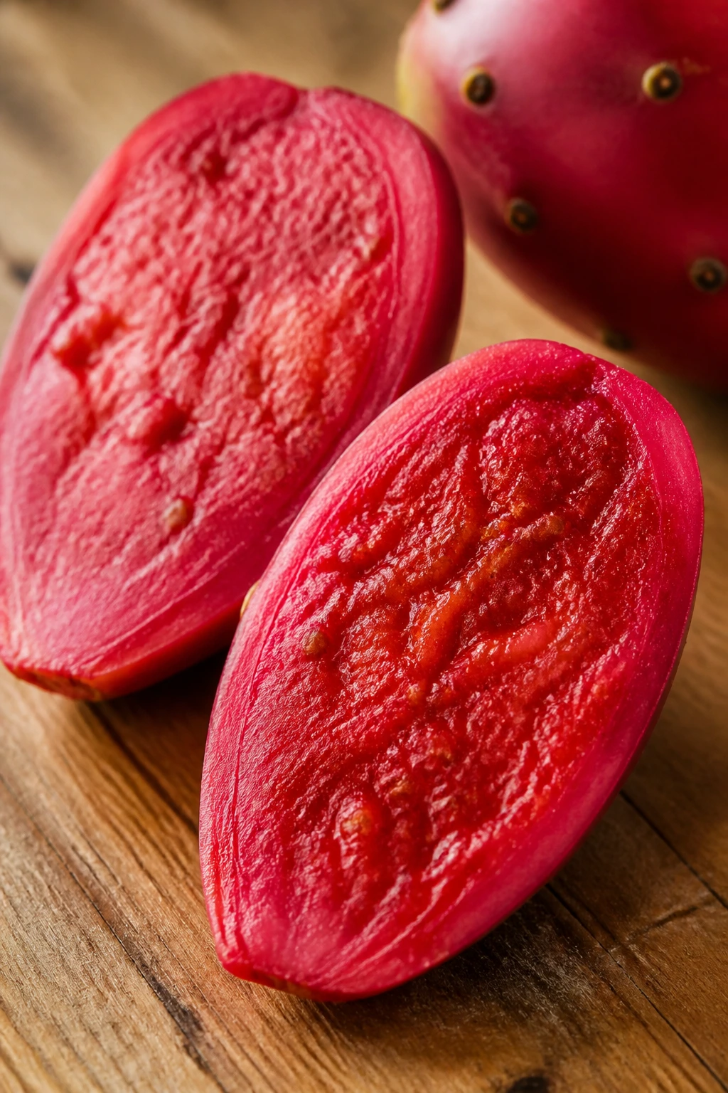 Peel prickly pear halves on wooden surface in warm light
