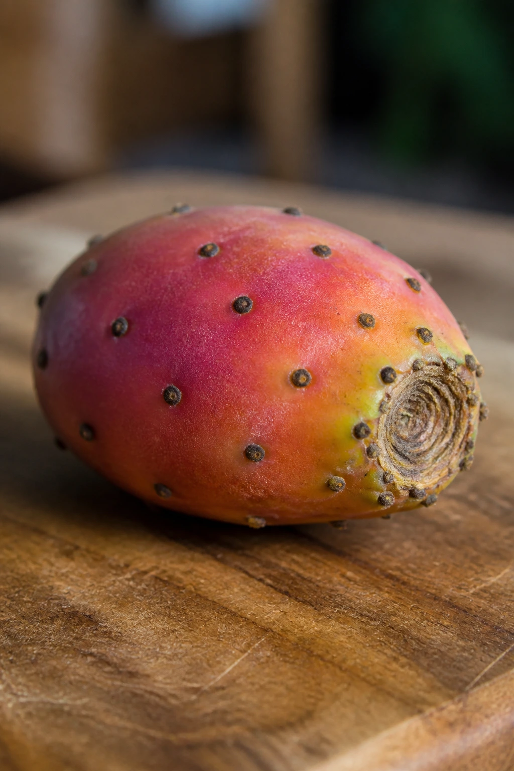 Prickly pear cactus fruit with visible skin texture on wooden board