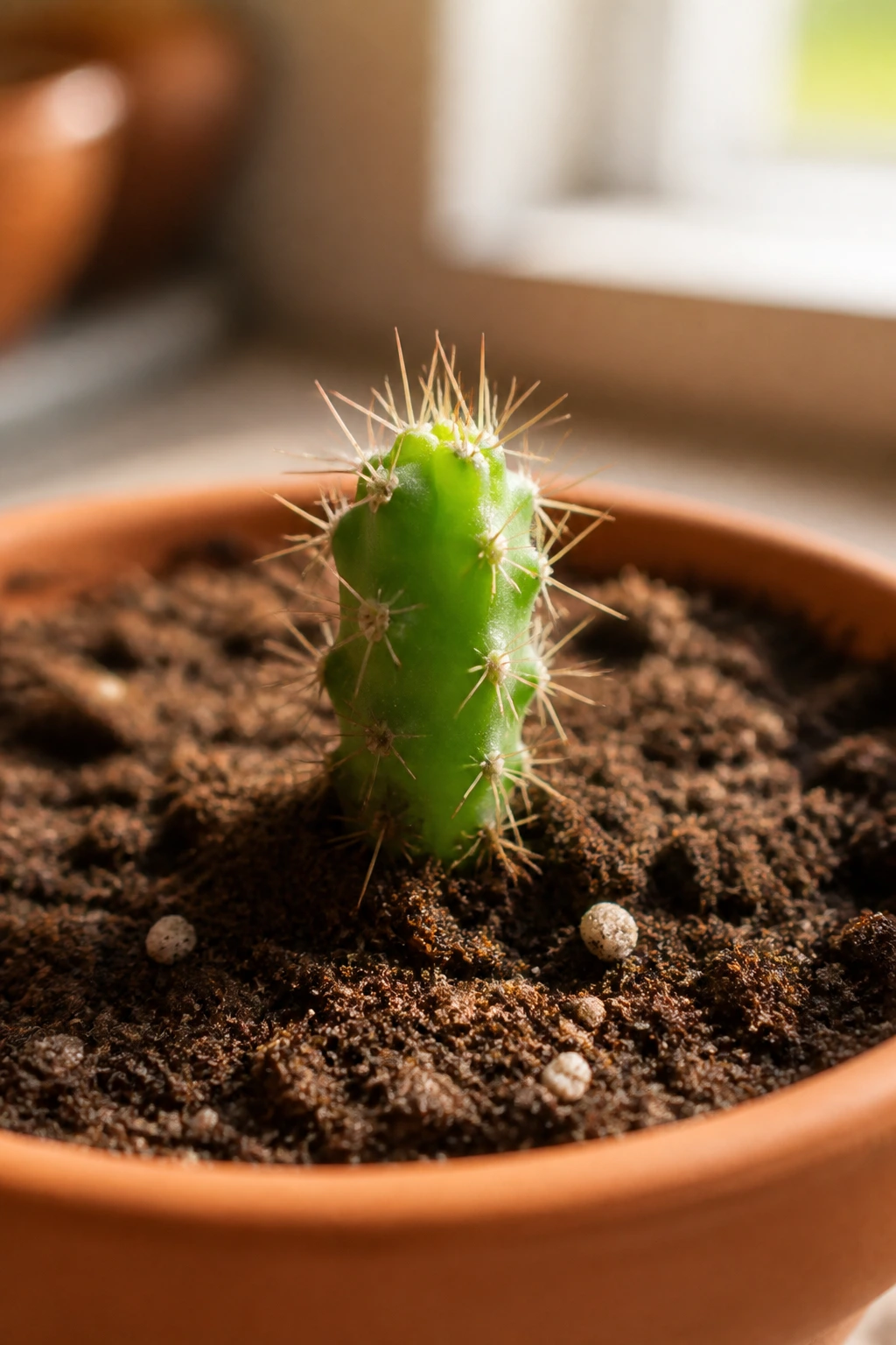Close-up of a young cactus seedling in a terracotta pot on a sunlit windowsill.