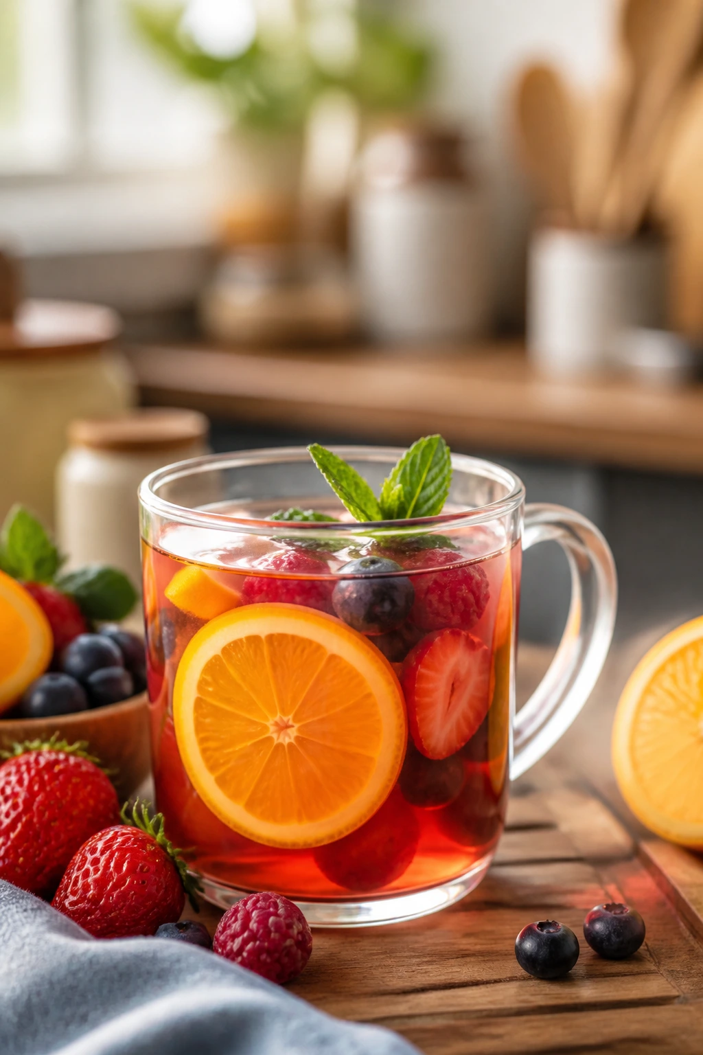 Caffeine Concerns: Does Fruit Tea Have Caffeine? 14 Glass cup of caffeine-free fruit tea with fruit slices visible in the tea