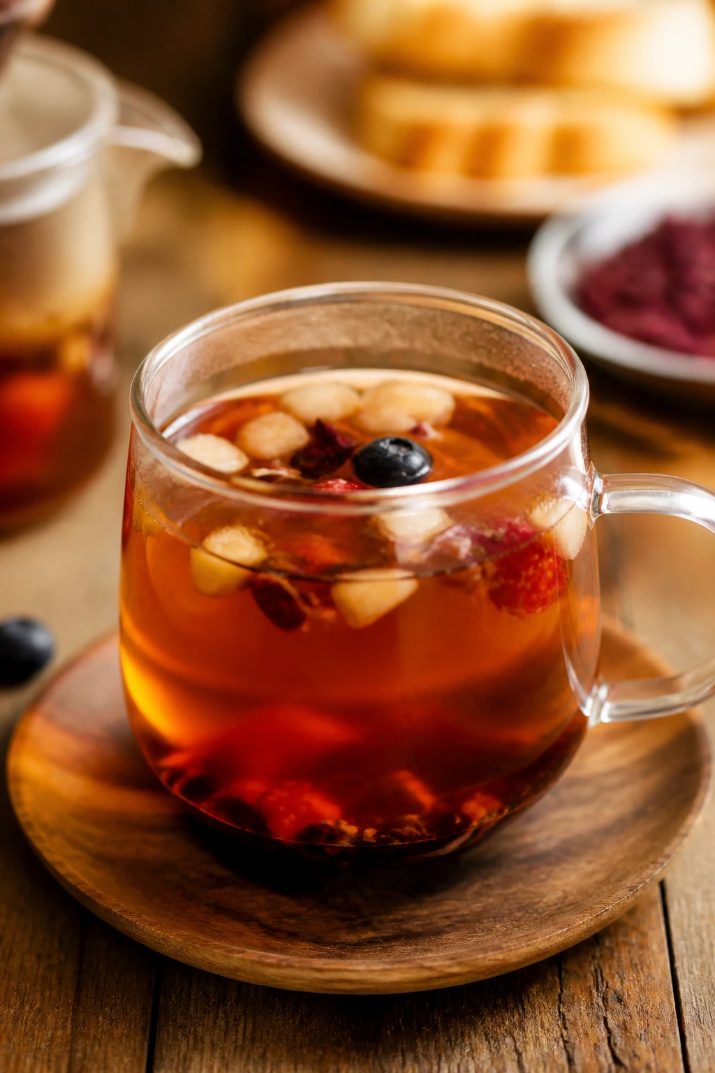 Caffeine Concerns: Does Fruit Tea Have Caffeine? 12 Close-up of a cup of fruit tea showing fruit pieces in the amber liquid