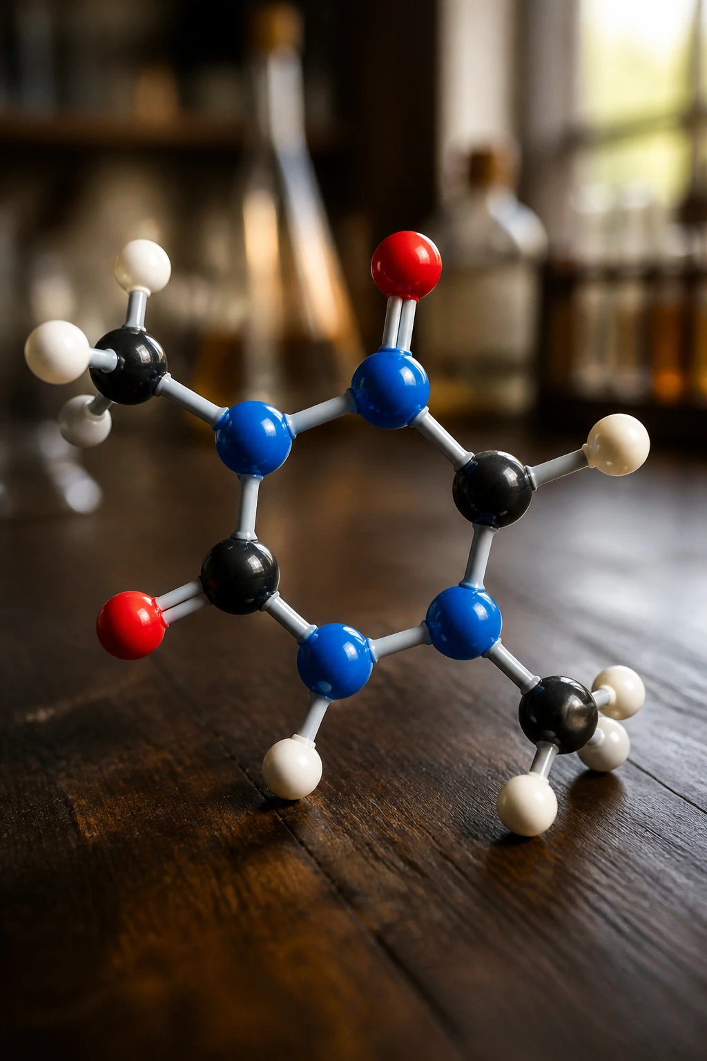 Caffeine Concerns: Does Fruit Tea Have Caffeine? 5 Macro close-up of a caffeine molecule model on dark wood with blurred lab background