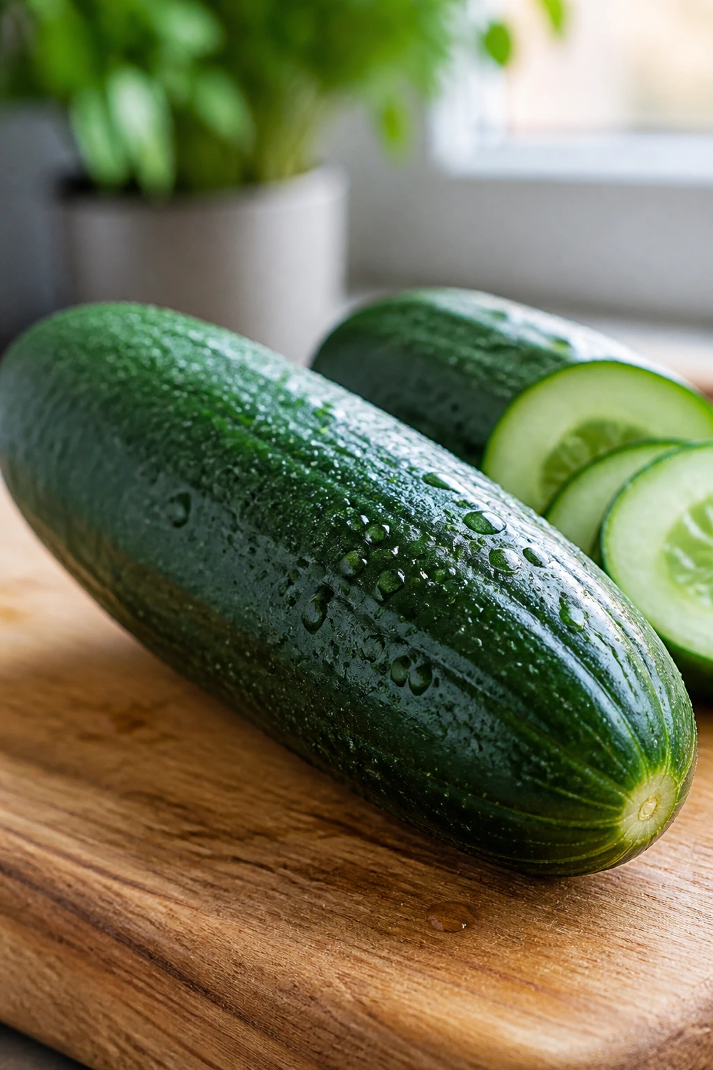 Close-up of a fresh cucumber filling the frame on a wooden cutting board in a bright kitchen.